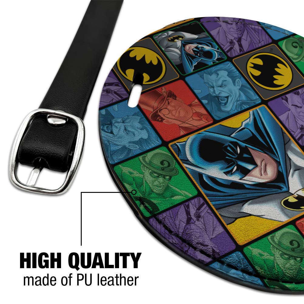 Batman & Villains Pattern Leather Luggage Tag - Round Carry-On ID Tag for Suitcase - Perfect for Travel, Business Trips & Cosplay Events