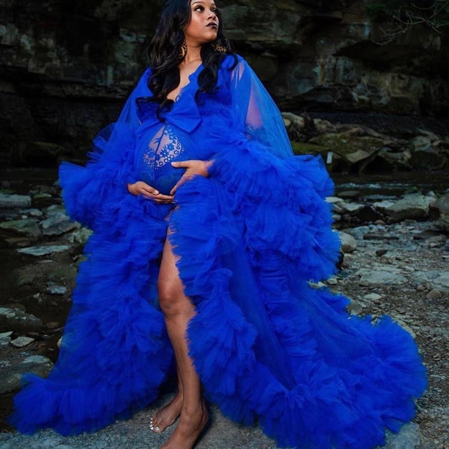 Elegant Long Tulle Bridal Robe with Open Front & Ruffle Details - Lingerie Nightgown for Wedding, Maternity Photoshoot & Special Occasions