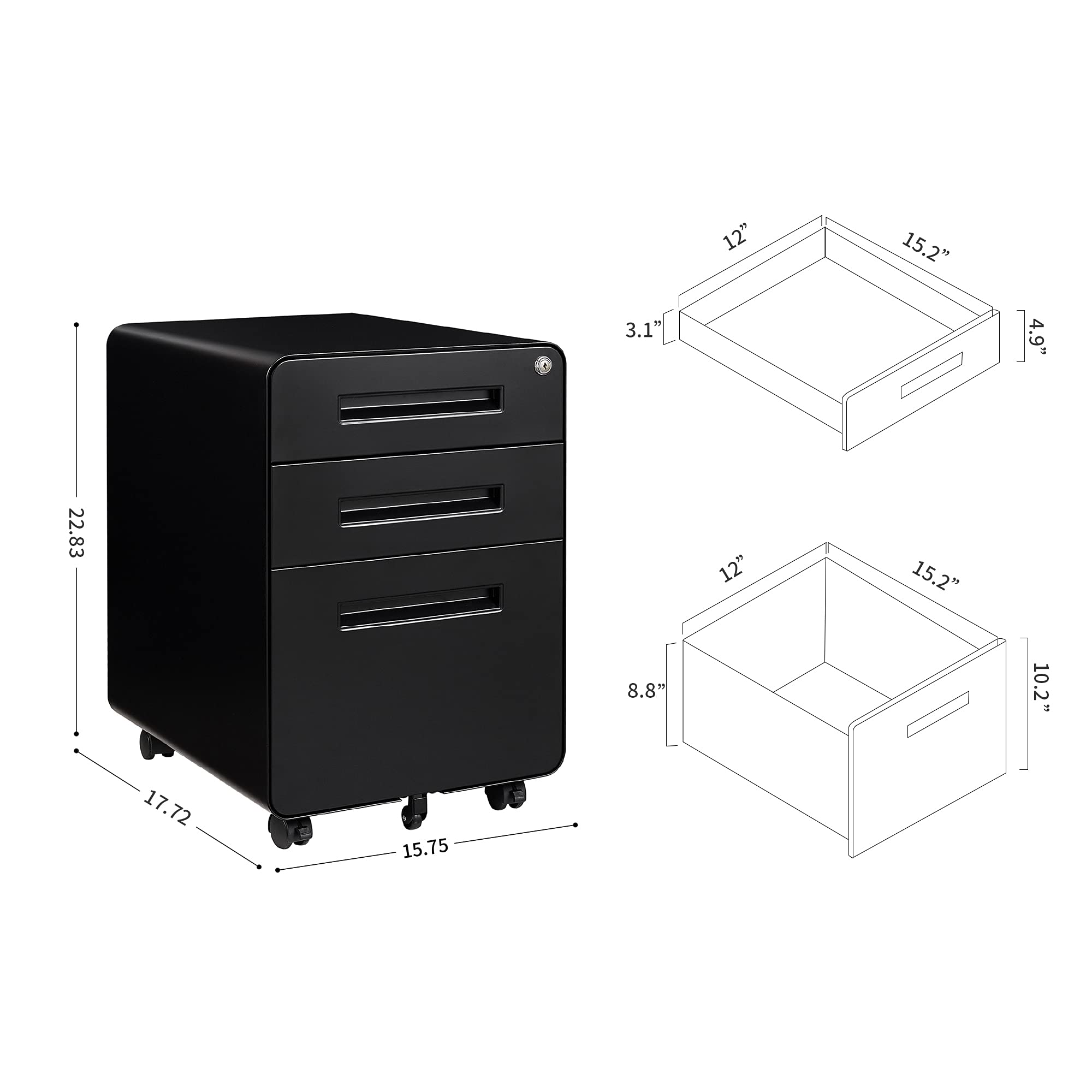 GREATMEET 3-Drawer Metal File Cabinet with Lock - Under Desk Storage Organizer for Letter/A4/Legal Size Documents - Mobile Office File Cabinet for Home, Office & School Use
