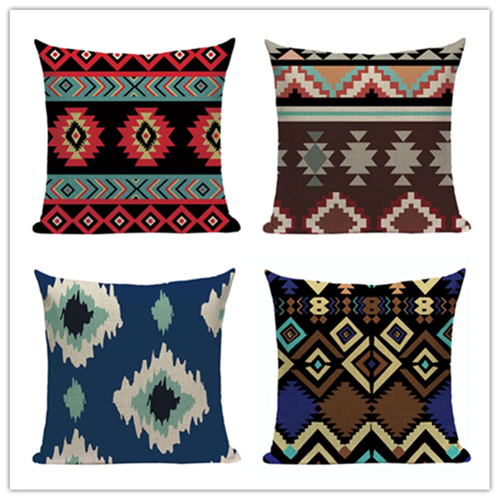 18x18 Inch Bohemian Style Cotton Linen Throw Pillow Covers - Set of 4 Square Decorative Cushion Covers for Sofa, Couch & Bed - Home Decor & Living Room Accent Pillows