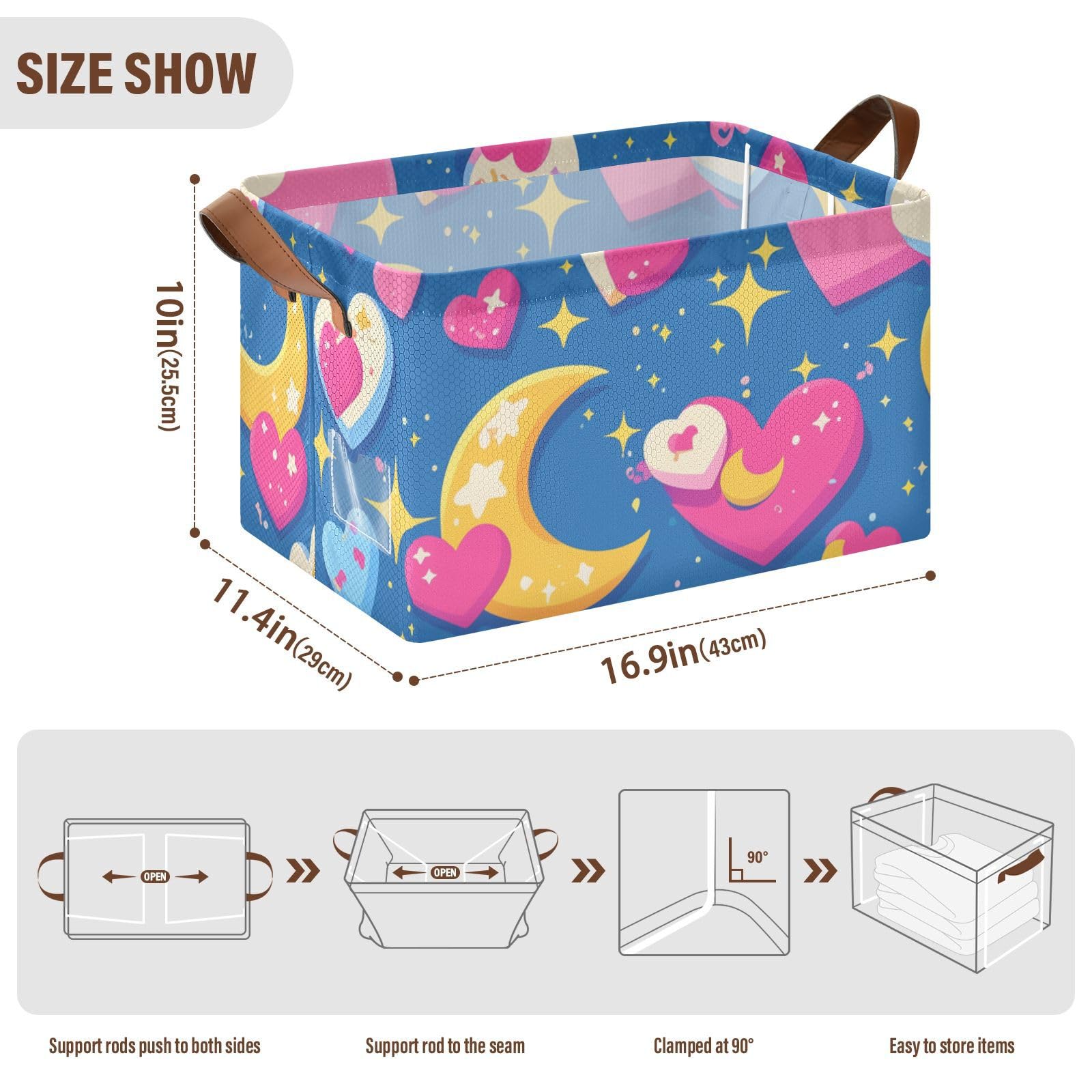 Moon Pixel Art Valentine's Day Decorative Foldable Storage Baskets - 2 Pack Closet Organizer Bins with Handles for Bedroom, Office & Nursery Organization | Space-Saving Storage Cubes for Home Decor