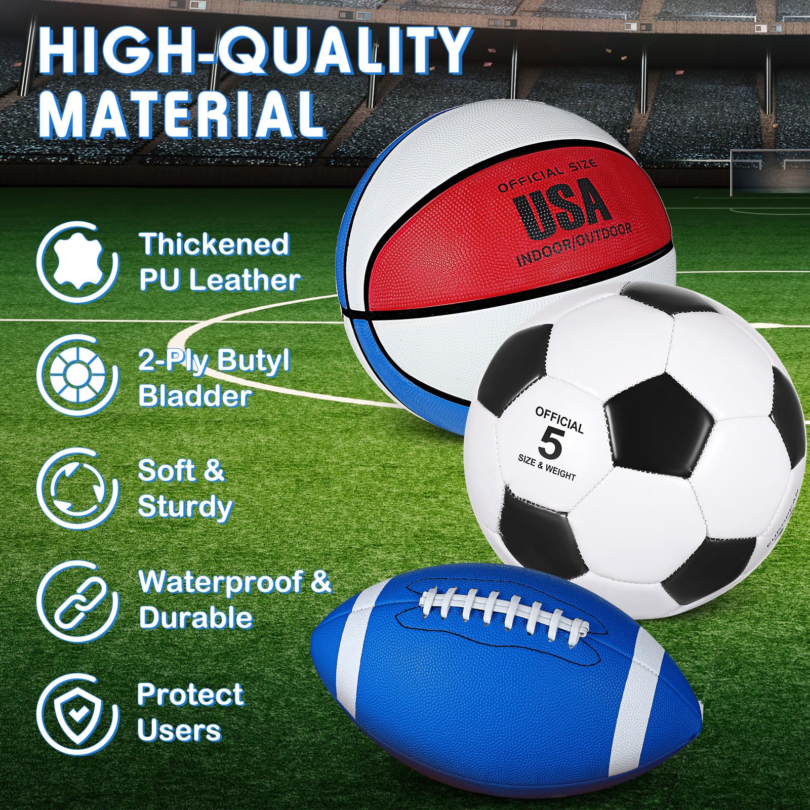 **Sratte 3-Piece Sports Ball Set - Official Size Soccer, Basketball & Football with Air Pump & Carry Bag - Perfect for Teens, Adults, Back to School, Training, Outdoor Games & Sports Gifts**