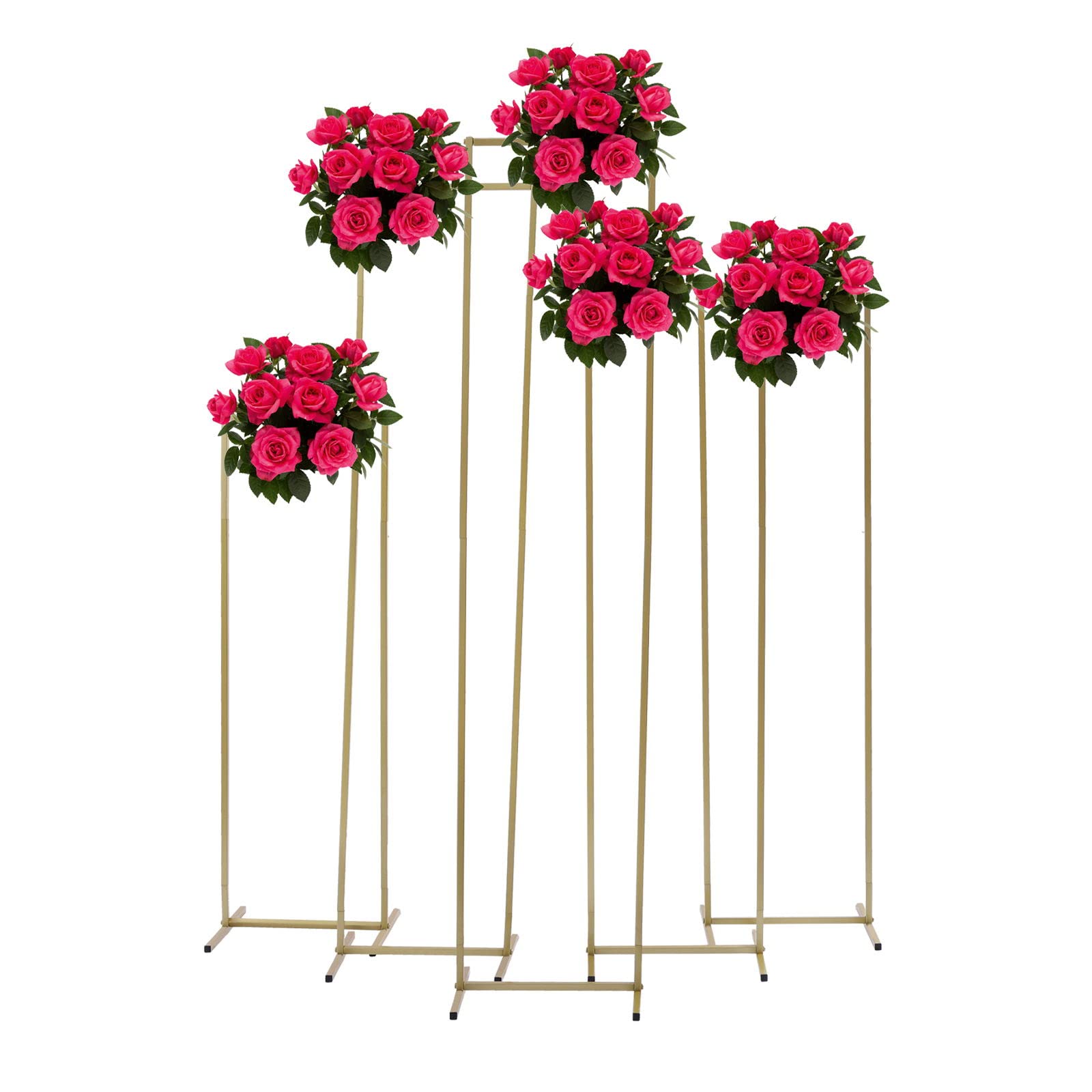5Pcs Gold Metal Vase Stands for Flower Arrangement - Square Column Display Stand with Stable Base for Outdoor Garden Party, Wedding Centerpieces, Celemony Decorations - Multi-Height Design for Balloon Backdrops & Home Decor