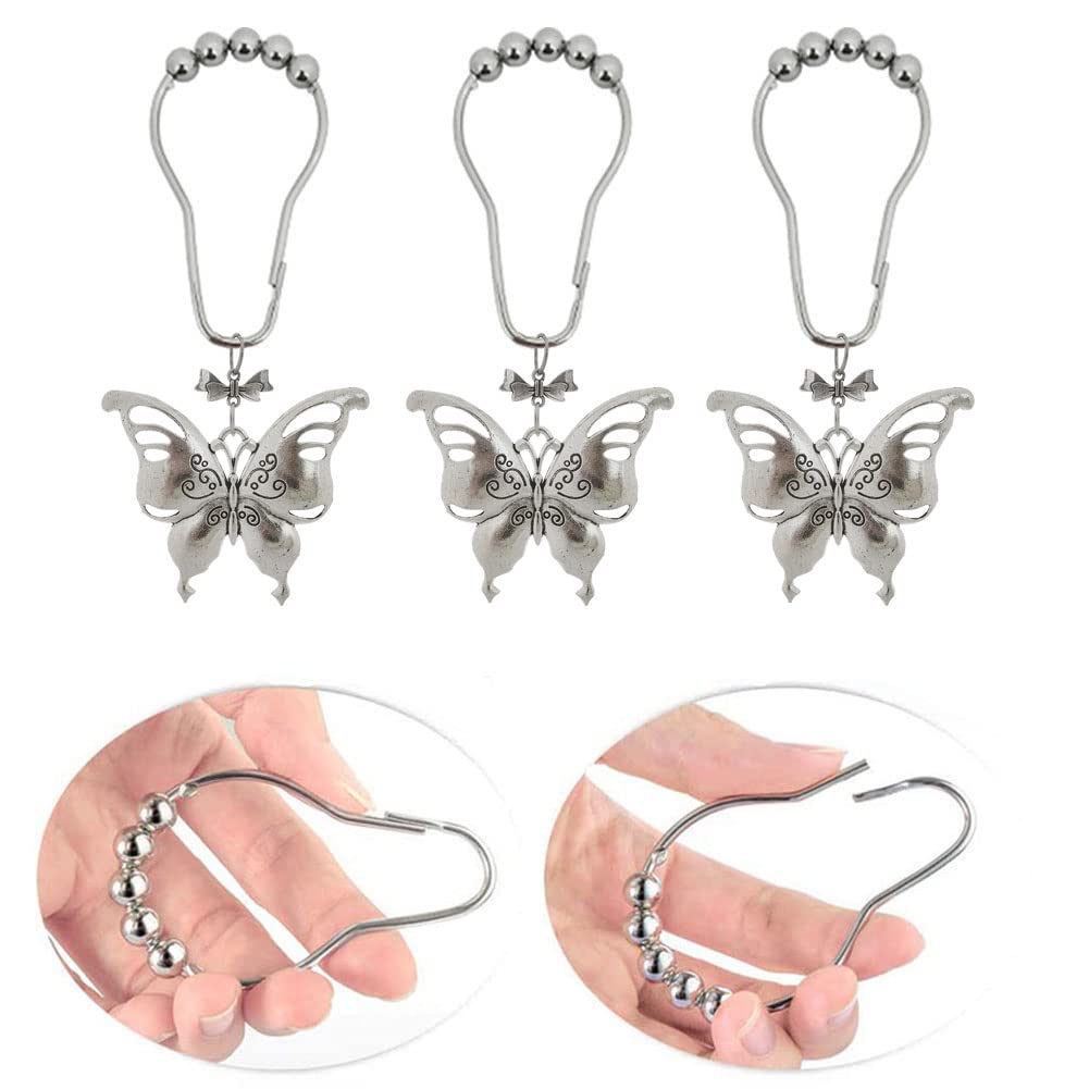 **Stainless Steel Butterfly Shower Curtain Hooks - Rust-Proof Silver Shower Rod Hangers with Floral Design, Set of 12 - Elegant Bathroom Accessories for Home & Hotel Decor**    *(Ideal for adding a touch of nature-inspired charm to bathrooms, guest rooms, or spa-style retreats!)*