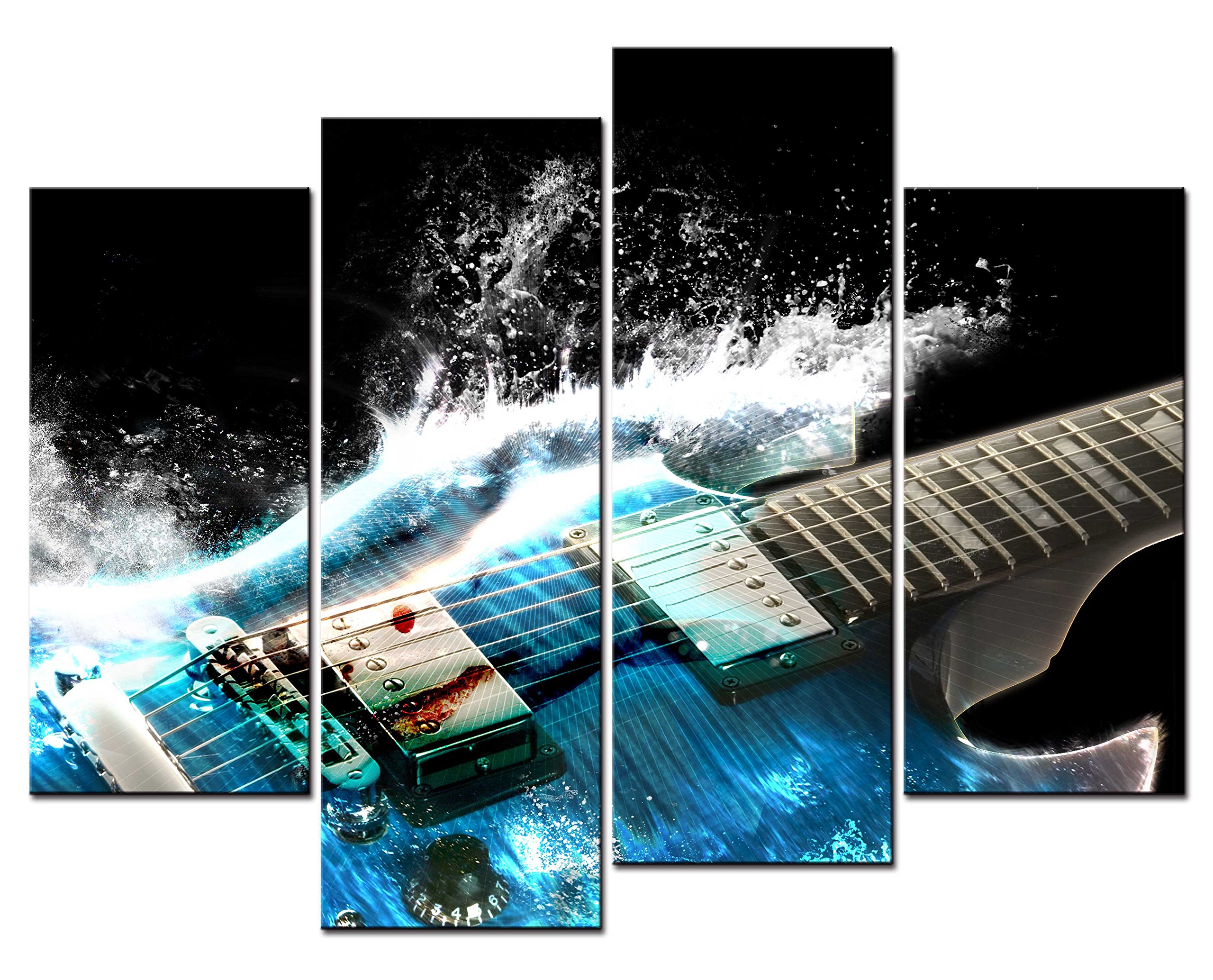 Blue Guitar & Wave Canvas Art - 4 Panel Music Wall Decor for Living Room Gifts