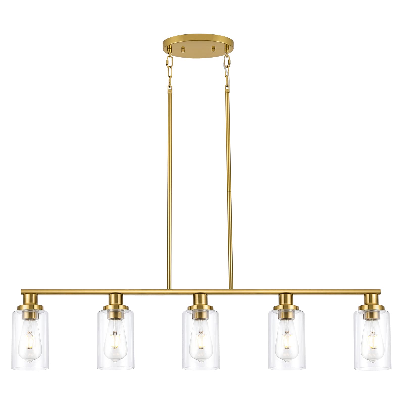 Modern 5-Light Kitchen Island Lighting - Gold Linear Farmhouse Chandelier with Clear Glass Shade for Dining Room & Breakfast Nook - Perfect Over Tables, Countertops and Kitchen Islands