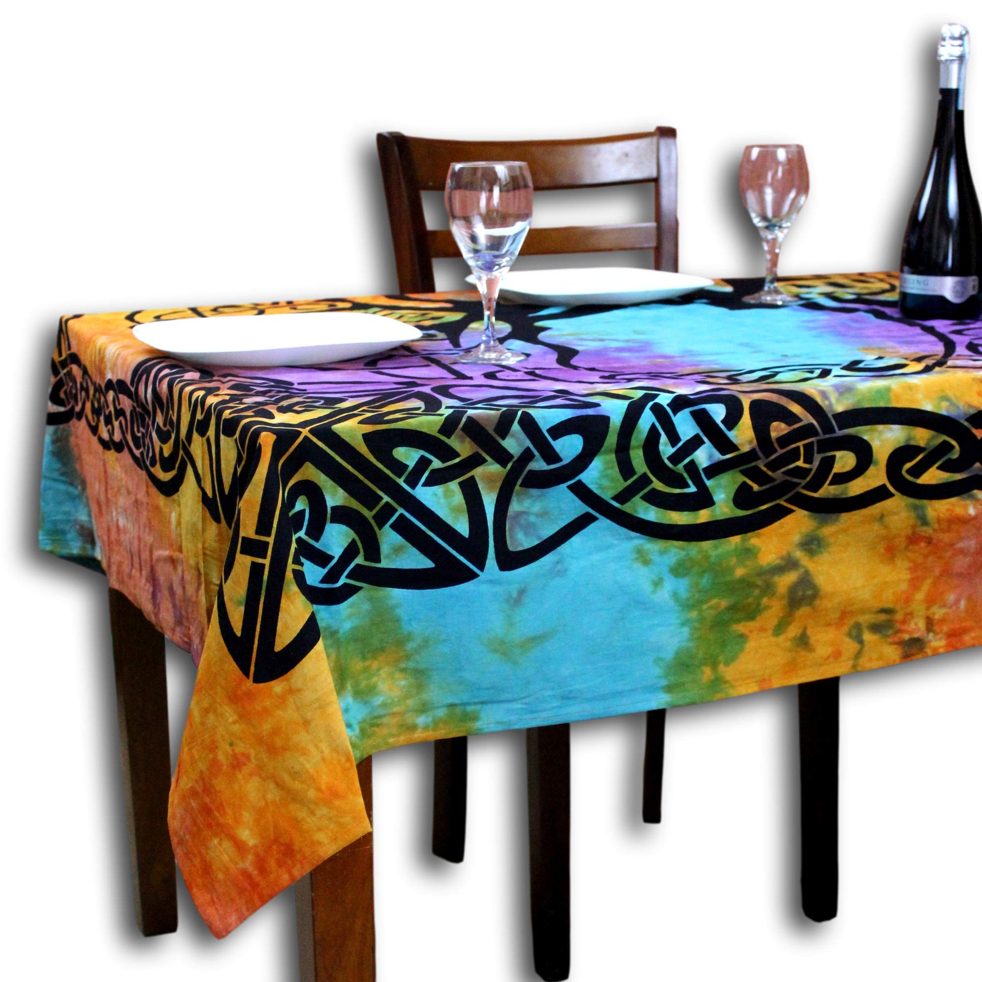 Celtic Print Tablecloth 72x72 Inches - Blue Green Turquoise Purple Tree of Life Cotton Fabric for Square Tables - Kitchen & Dining Room Decor, Holiday Dinner Party, Celtic Festival Celebration