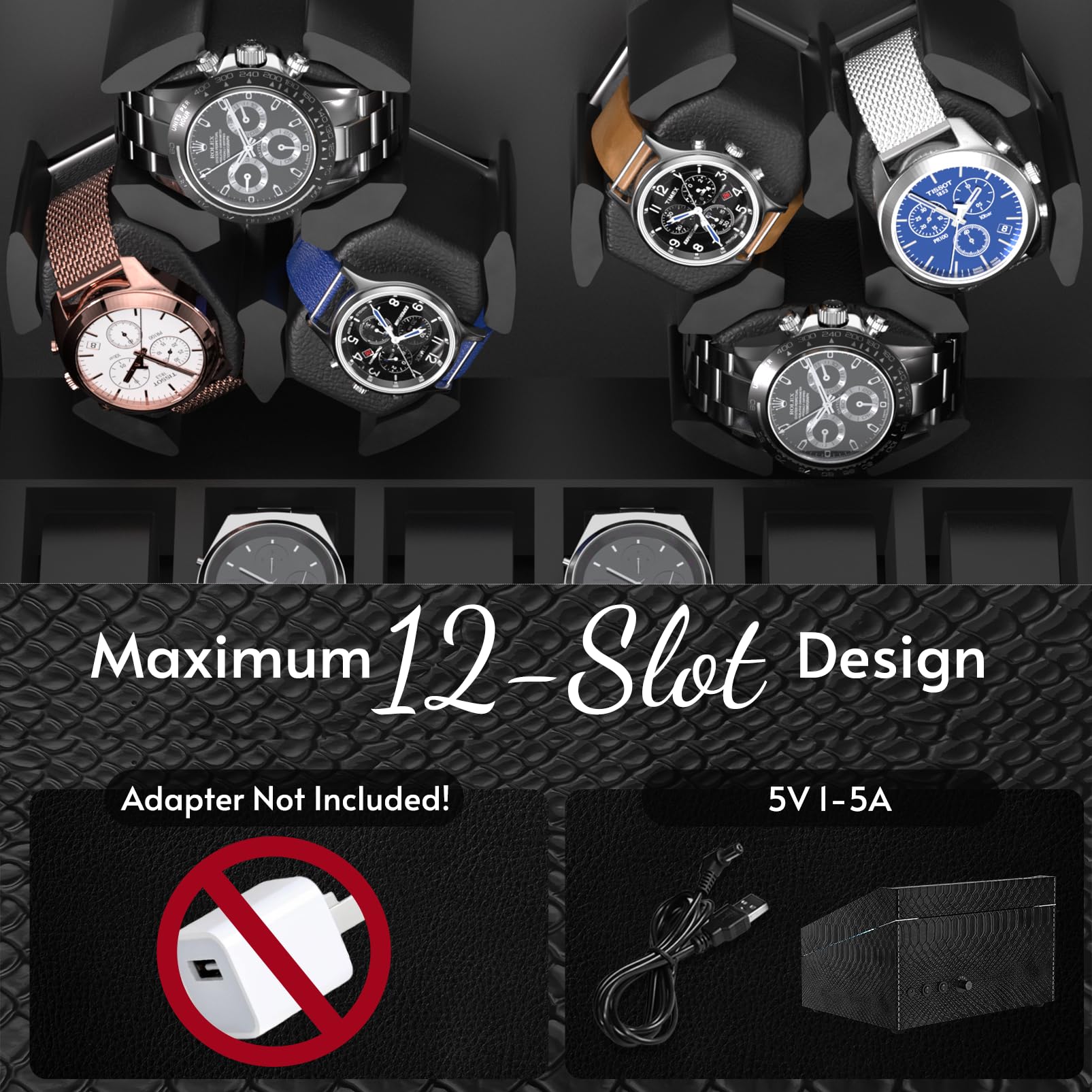 Premium Automatic Watch Winder for Men - 4/6 Slot Mabuchi Motor with 6 Extra Storage, Serenity Blue LED Backlight, Genuine Leather Case & Soft Velvet Interior | Open Lid Stop Technology & 4 Rotation Modes | Perfect for Watch Collectors, Travel & Nightstand Display