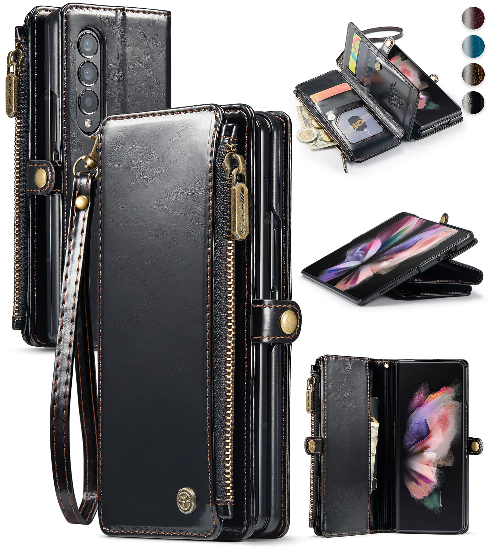 Luxury PU Leather Wallet Case for Samsung Galaxy Z Fold 3 - Magnetic Flip with Wrist Strap & Card Holder, Perfect for Business & Travel