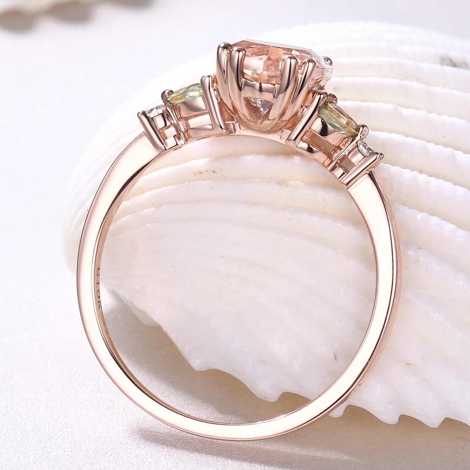 1 Carat Vintage Hexagon Cut Morganite Engagement Ring with Marquise Peridot Cluster - Elegant Wedding, Anniversary & Proposal Jewelry for Women