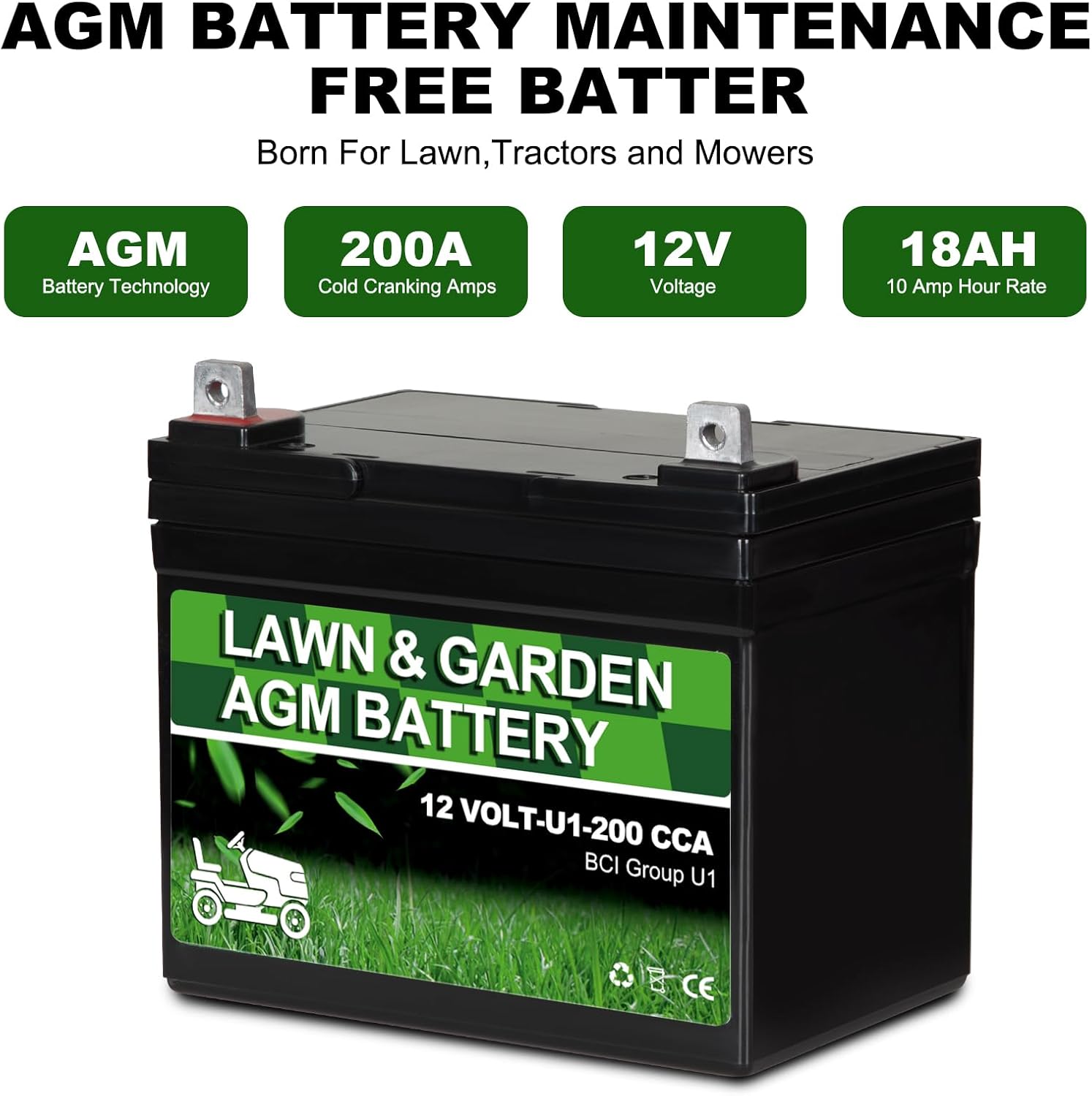 12V 200 CCA AGM Lawn & Garden Battery - Group U1 SLA Starting Battery for Tractors, Mowers & Lawn Equipment - Compatible with John Deere, Toro, Cub Cadet, Craftsman - Perfect for Outdoor Power Equipment & Farm Use