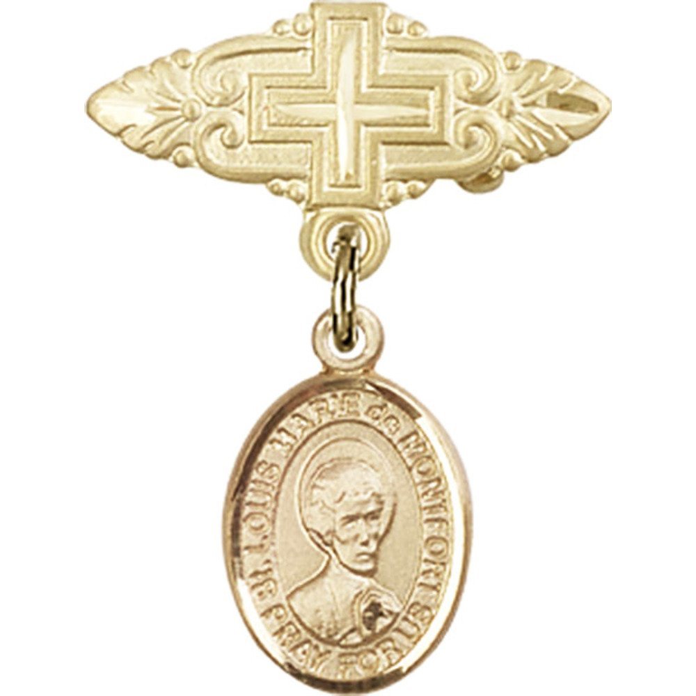 Gold Filled Baby Badge with St. Louis Marie de Montfort Charm - Religious Cross Pin (1