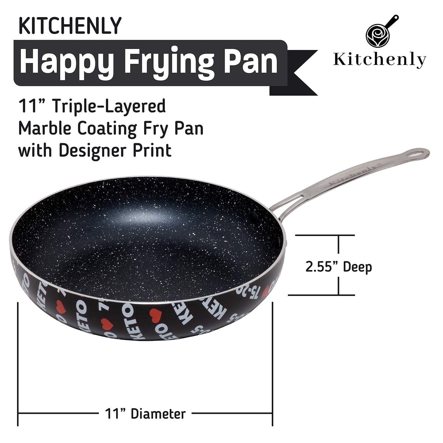 KITCHENLY™ 11 Inch Nonstick Deep Frying Pan with Lid - Stone Coated Cookware for Gas, Electric & Induction Stoves - Perfect for Sautéing, Frying & Oven Cooking