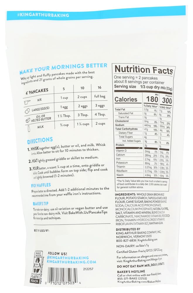 King Arthur Gluten Free Pancake Mix, 15 oz (Pack of 2) – Fluffy & Delicious Breakfast Pancakes for Allergies or Celiac Diet
