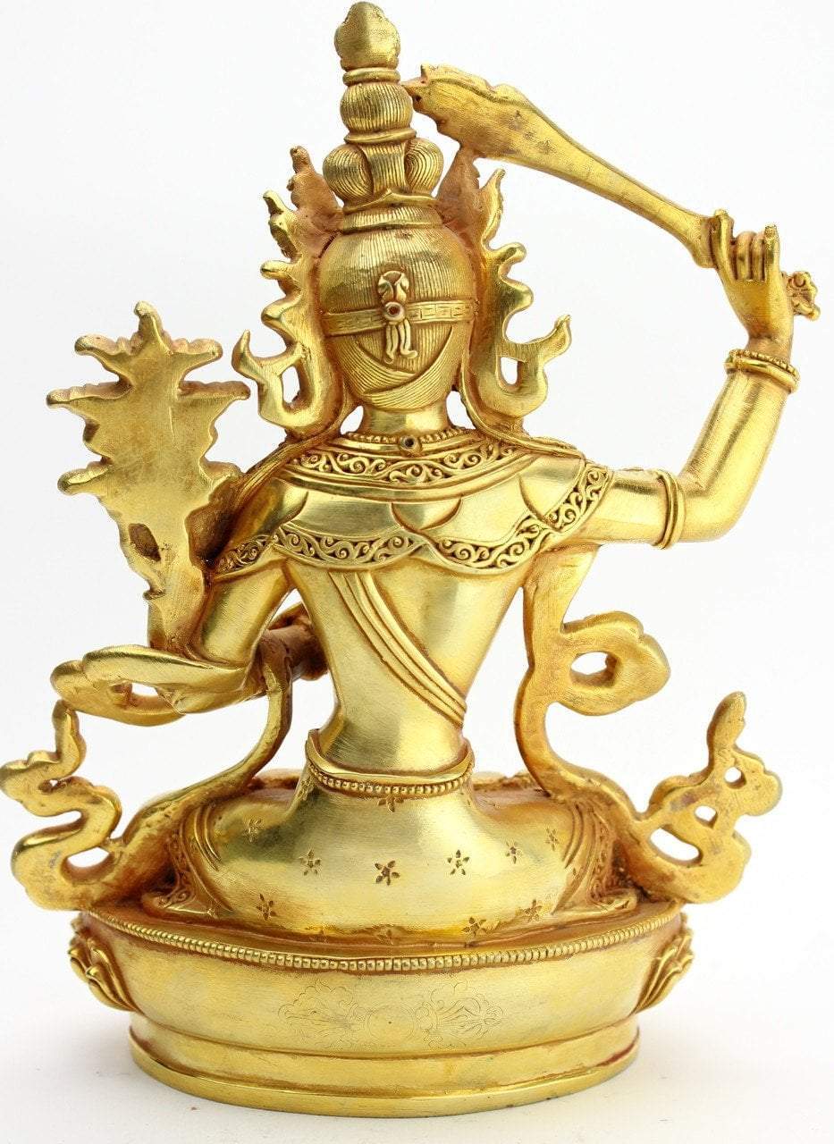 9 Inch Gold Plated Manjushri Statue - Buddhist Decor for Home Altar, Meditation Room & Spiritual Gifts | Handcrafted Brass Buddha Statue for Serenity & Enlightenment