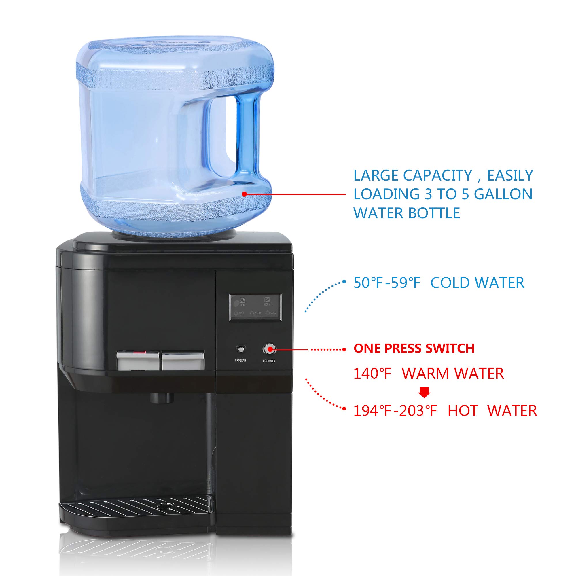 Amay 3 to 5 Gallon Countertop Hot and Cold Water Dispenser with Child Safety Lock & Energy Saving Switch - Perfect for Home, Office, and Kitchen Use