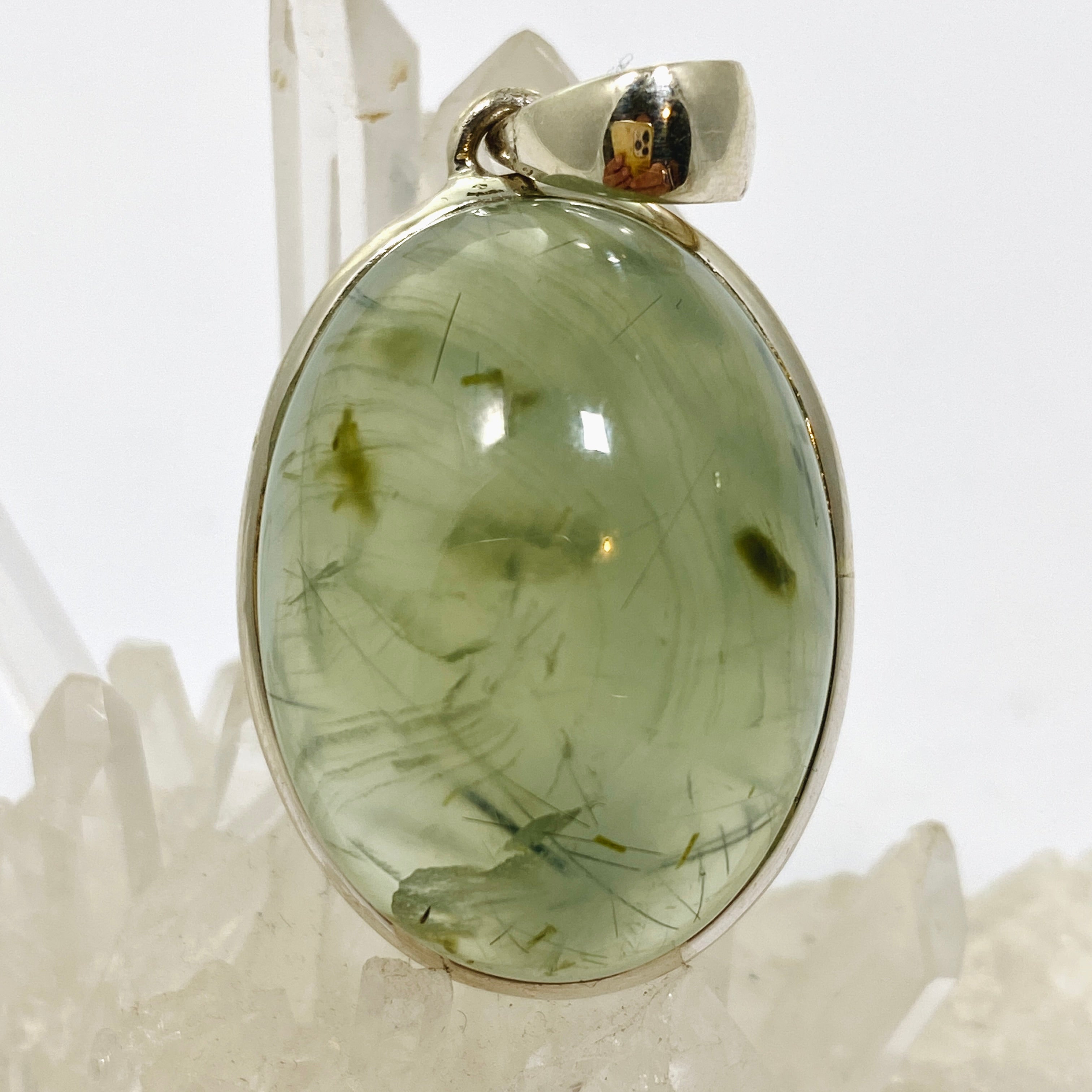 Natural Prehnite with Epidote Oval Cabochon Pendant - Handmade Gemstone Jewelry PPGJ1015 for Women, Healing Crystal Necklace for Meditation & Energy Balance