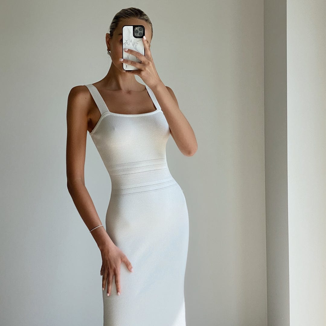 FREJA Ivory Wide Strap Bodycon Knit Midi Dress for Women | Slim Fit Stretchy Party Cocktail Dress | Perfect for Date Night, Club Outfits & Special Occasions