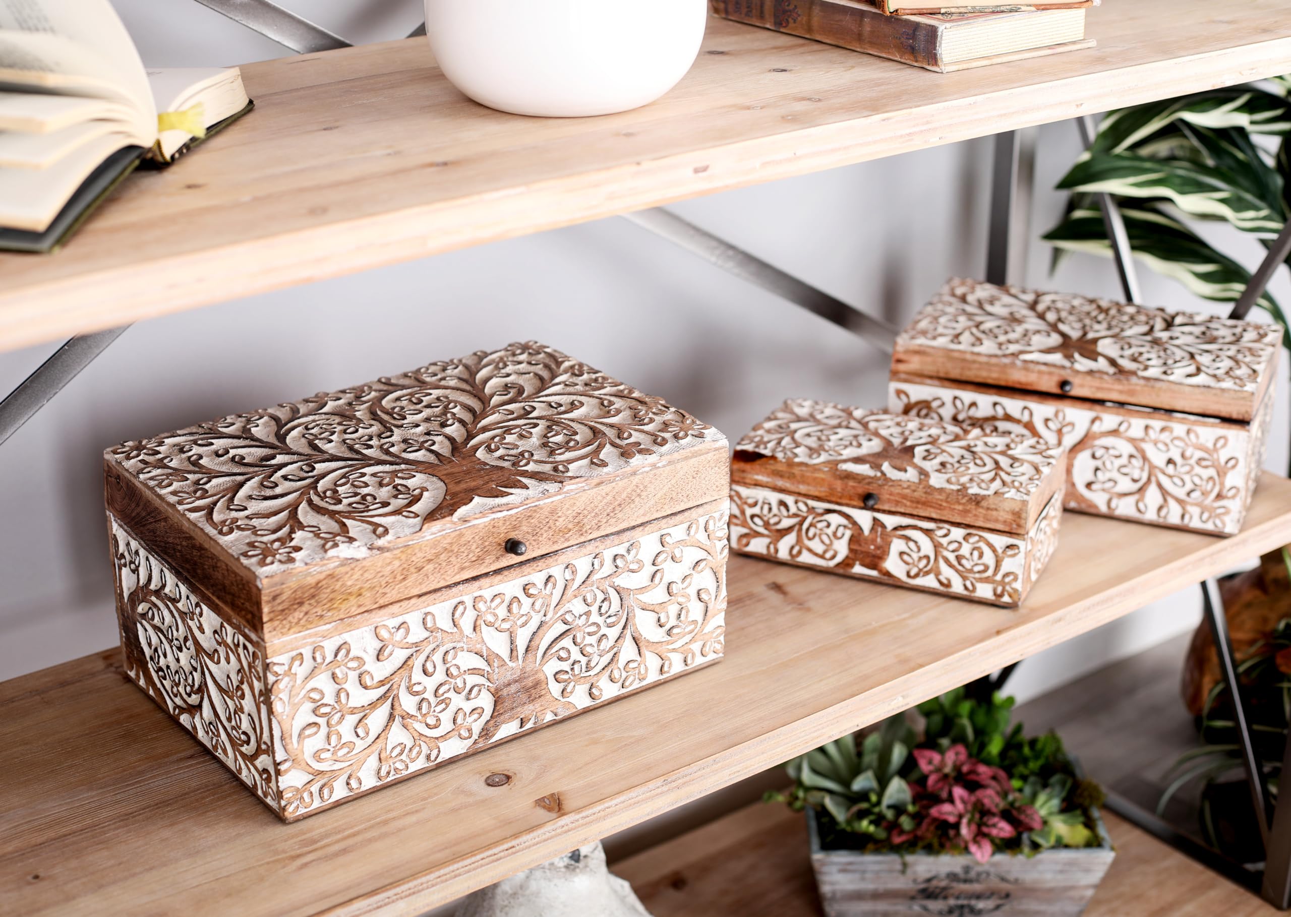 Mango Wood Floral Storage Box Set of 3 - 8