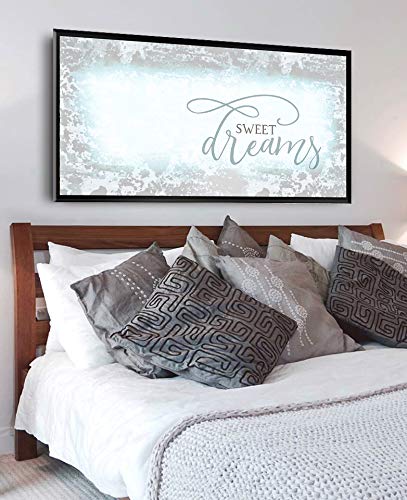 Sweet Dreams Wall Decor - Large Framed Canvas Wall Art for Master Bedroom, Above Bed Decor, Teal & Black Floating Frame 42x19 - Perfect for Cozy Bedroom Ambiance & Relaxing Sleep Space