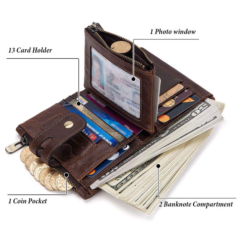 HALOViE Men's RFID Blocking Leather Wallet with Zip Coin Pocket & Credit Card Holder - Anti-Theft Slim Bifold Wallet for Everyday Use (Brown) - Perfect for Travel, Business & Daily Essentials