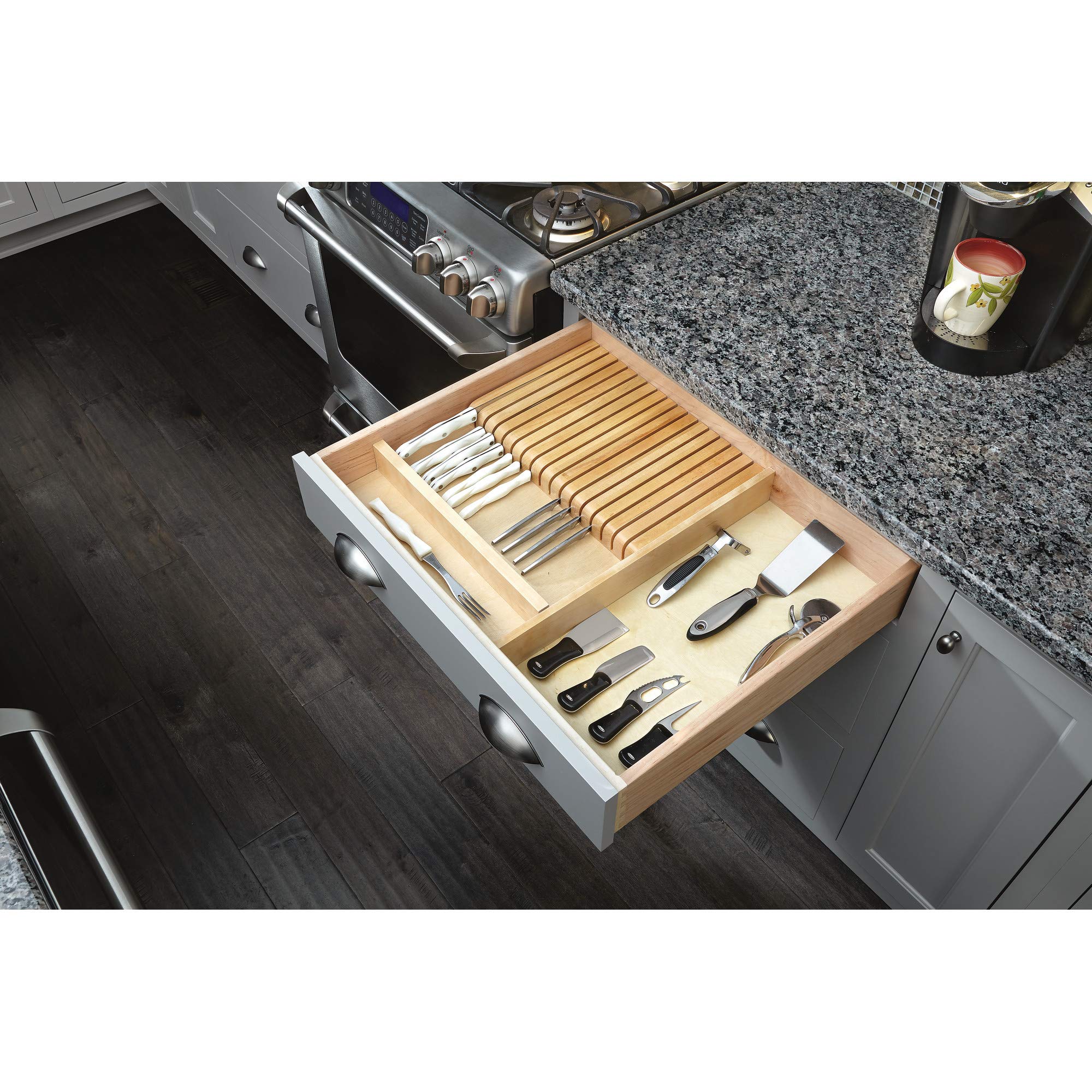 Rev-A-Shelf Adjustable Wooden Knife Block Drawer Organizer - 19 Slot Cutlery Tray with Silverware Storage for Kitchen Utensils | Perfect for Kitchen Drawer Organization & Knife Safety Storage | Fits Standard Drawers (Model 4WKB-1)