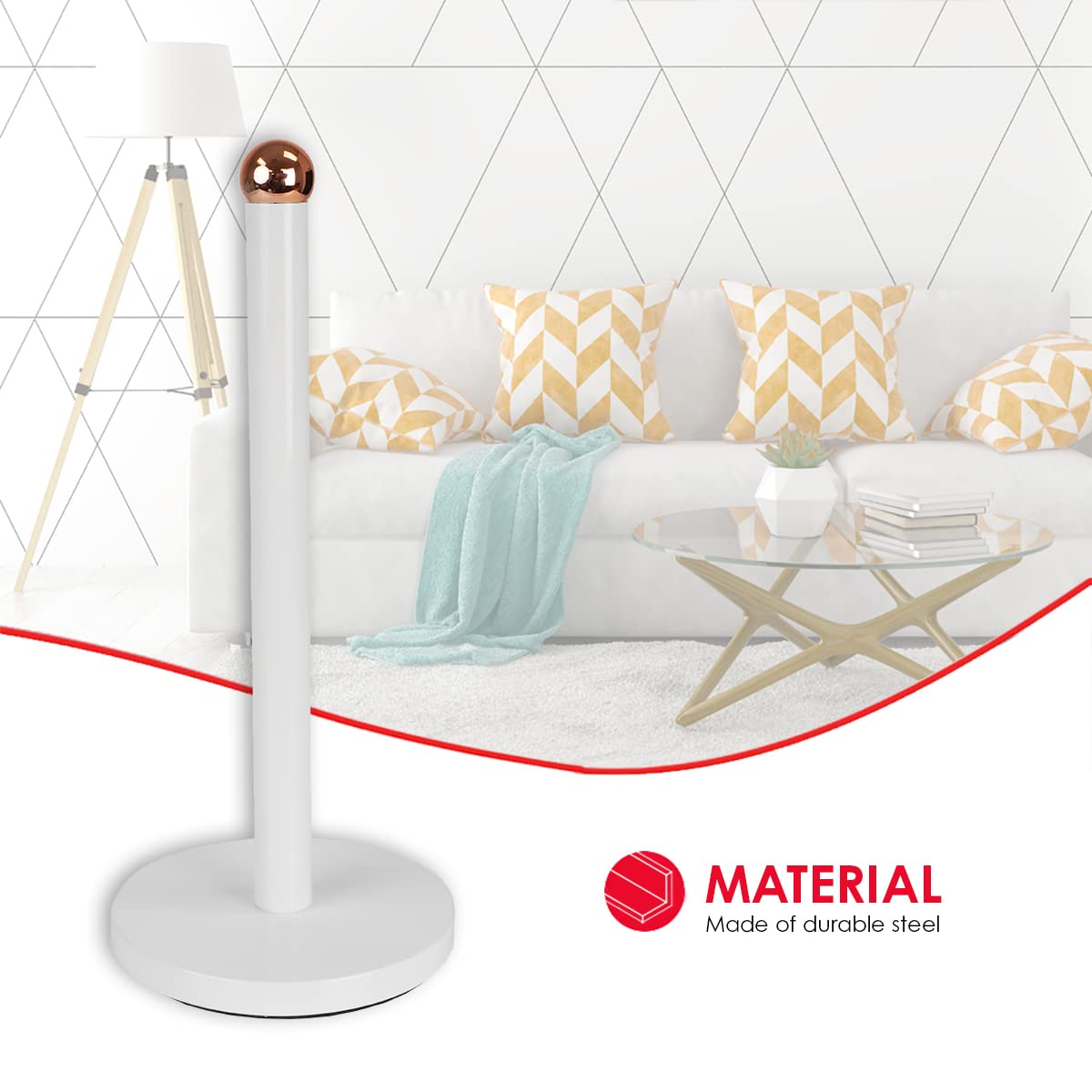 Home Basics Grove Free Standing Paper Towel Holder with Weighted Padded Base - White 13.5 Inch | Sturdy Kitchen Counter Organizer for Easy Access to Paper Towels
