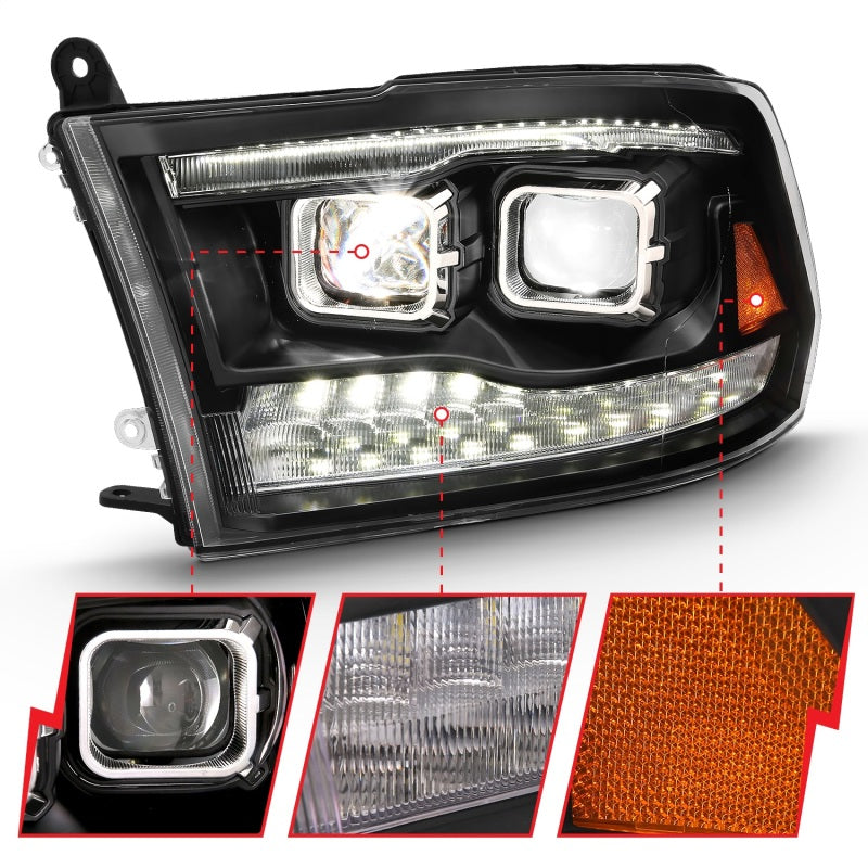 ANZO LED Projector Headlights with Halo & Switchback - Compatible with Dodge Ram 1500 2009-2018 (Black) | Upgrade Your Truck Lighting for Night Driving & Off-Road Adventures