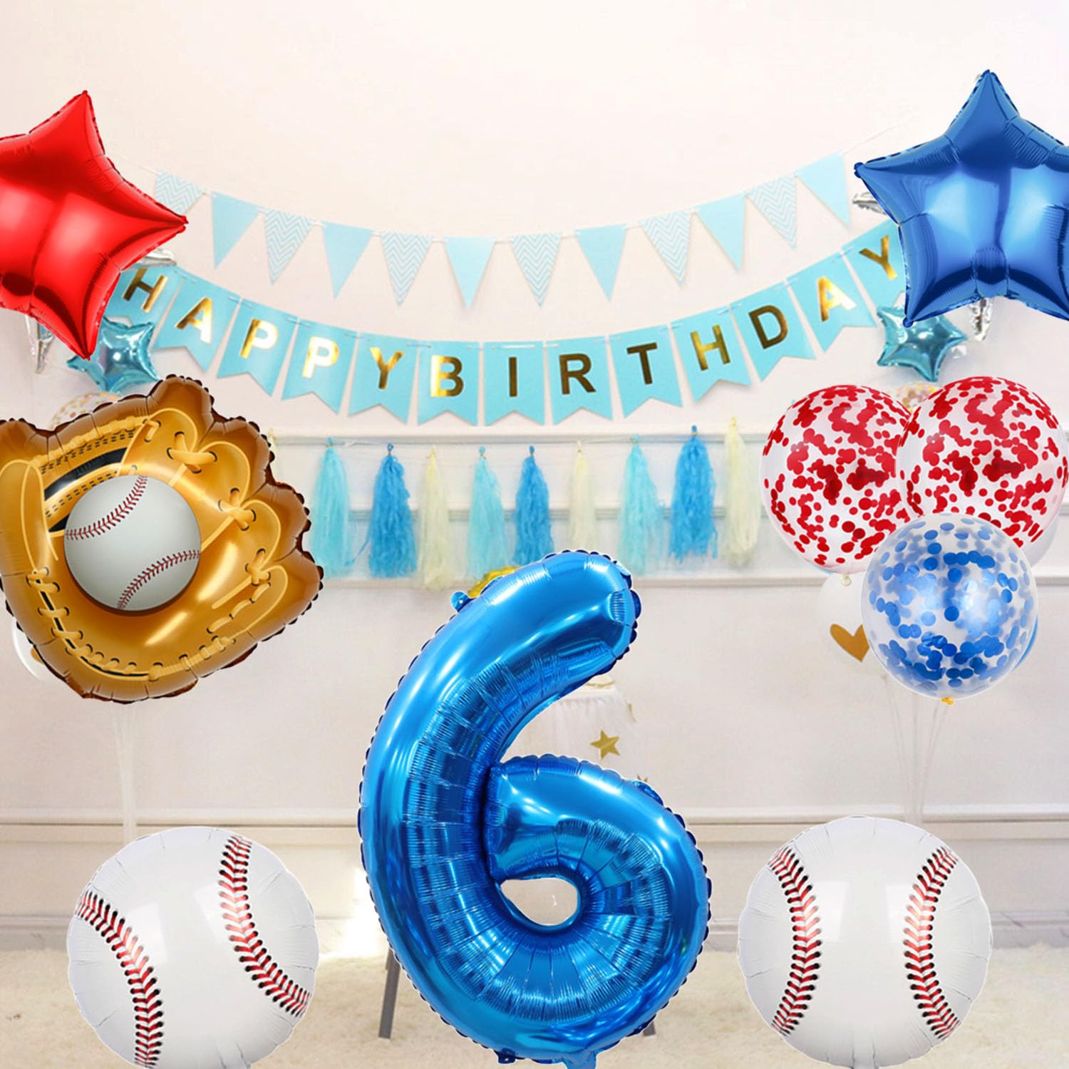 Baseball Balloon Set - 9Pcs Baseball Glove & Number 6 Balloons with Red Blue Stars & Confetti for Boys Birthday Party Decorations | Perfect for Baseball Themed Birthday Parties, Baby Showers, and Sports Decor