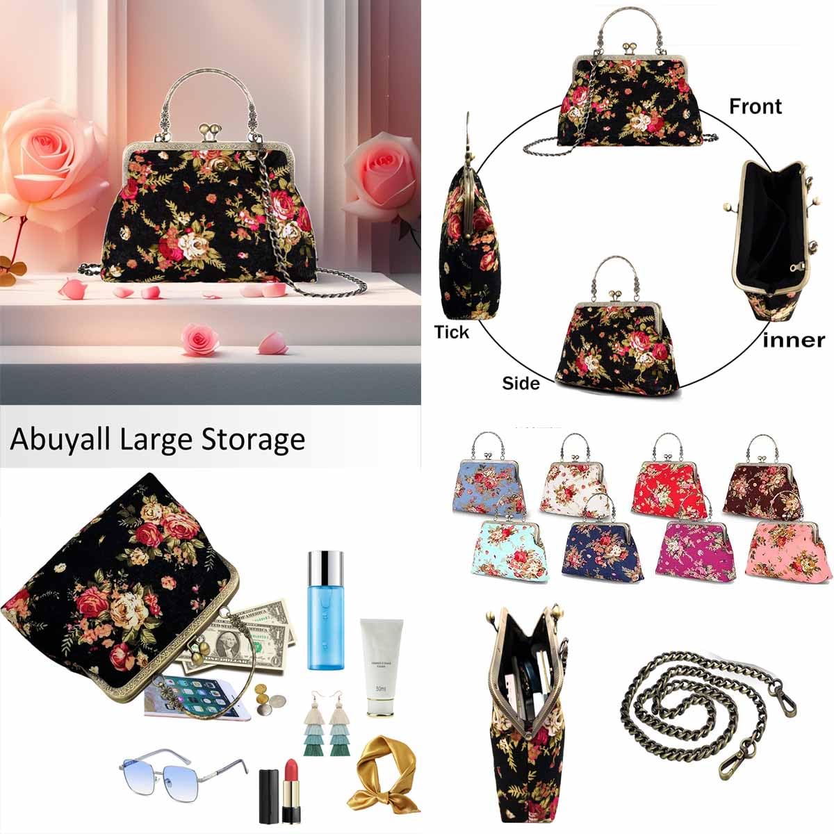 Vintage Floral Kiss Lock Purse - Women's Top Handle Handbag for Travel & Vacation