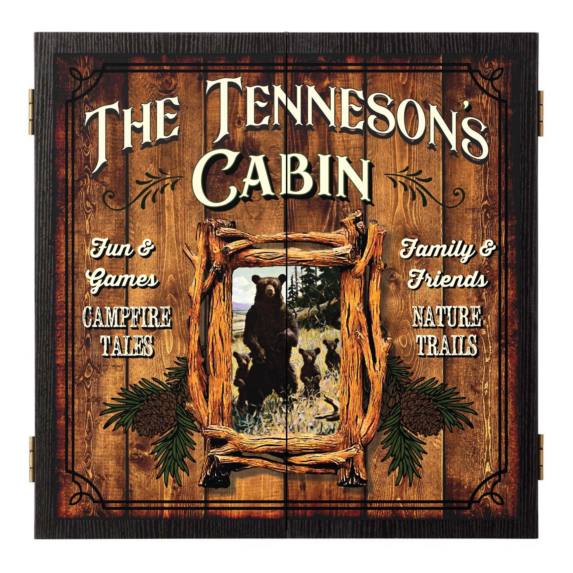 THOUSAND OAKS BARREL CO. Personalized Dartboard Cabinet Set with 6 Steel Tip Darts - Professional Bristle Dart Board for Adults - Includes Eraser & Chalk Scoreboard - Perfect for Game Rooms, Bars, and Home Entertainment