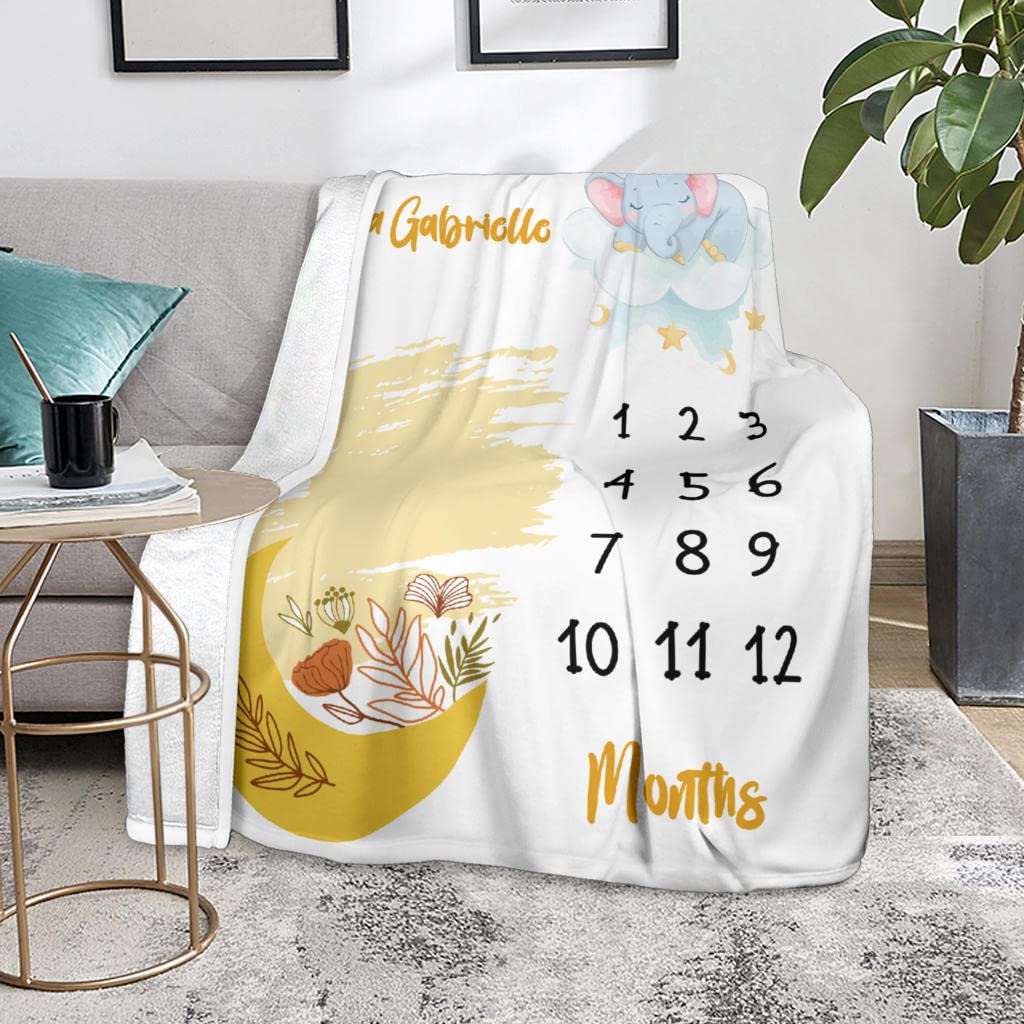 Personalized Kawaii Elephant Blanket - Custom Name Floral Blanket Gift for Girls, Baby & Toddler - Soft Nursery Throw for Bedroom, Couch & Travel (Large)