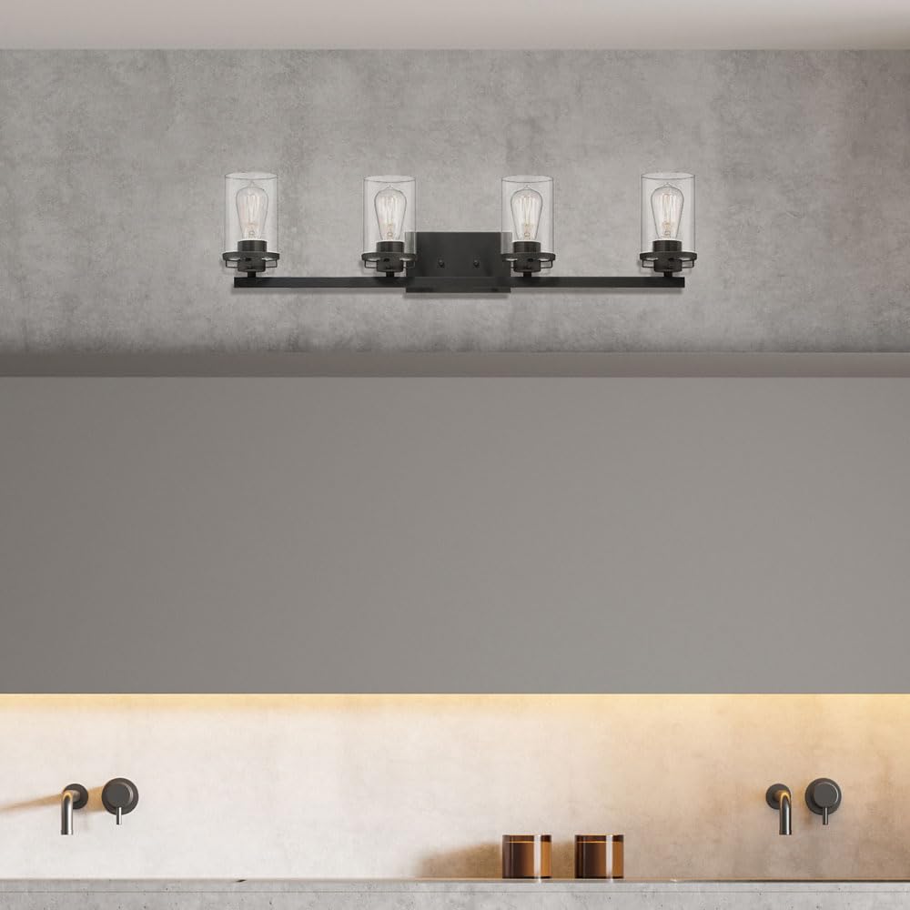 Designers Fountain 93304-BK Jedrek 4-Light Bathroom Vanity Light Fixture - Black Finish with Clear Glass Shades for Modern Bathroom & Powder Room Lighting