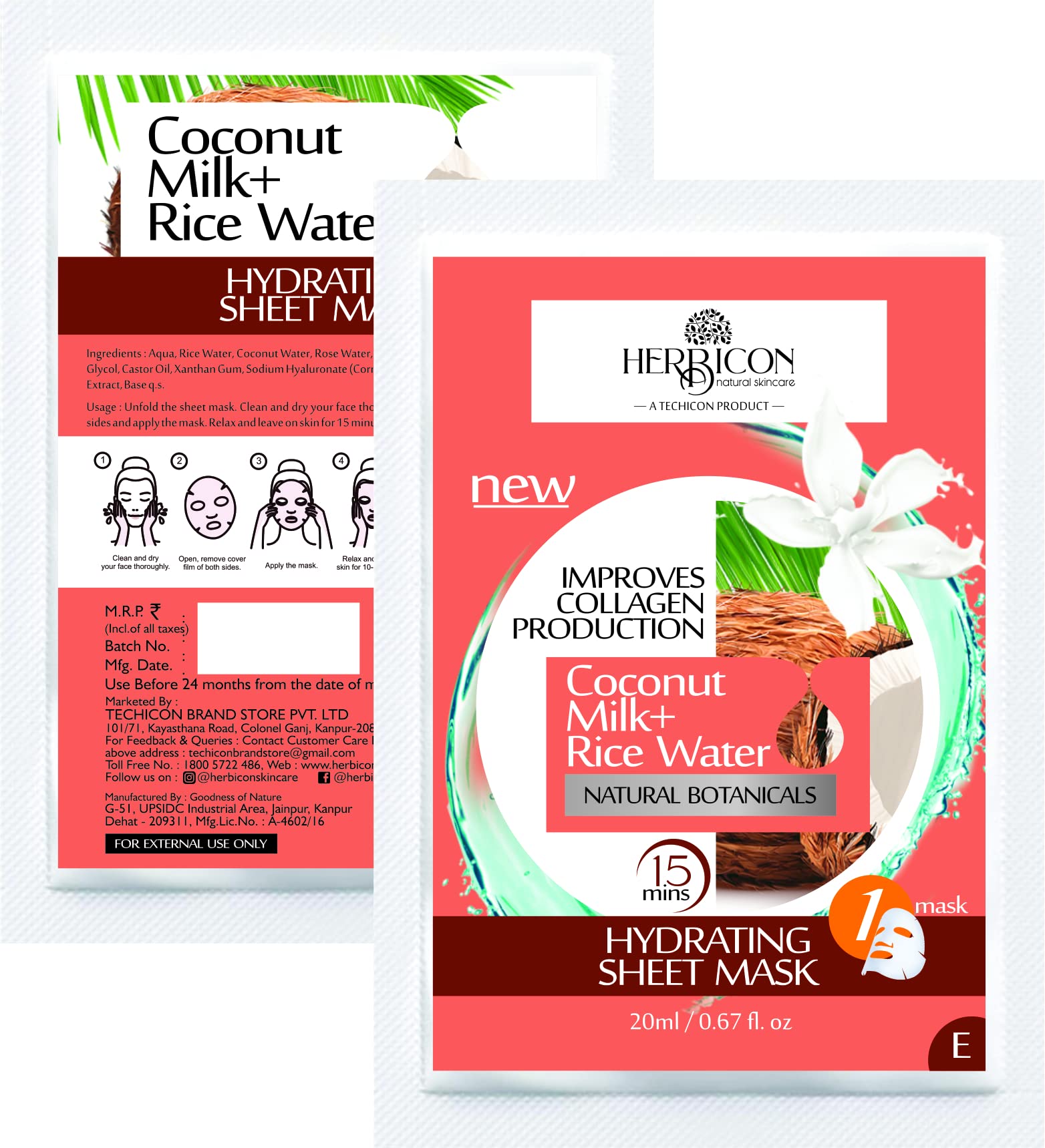 Herbicon Rice Water & Coconut Milk Face Sheet Mask - Deep Hydration Facial Treatment for Dry Skin - 20g (5 Pack) | Korean Skincare Routine, Spa Day at Home, Post-Workout Refresh