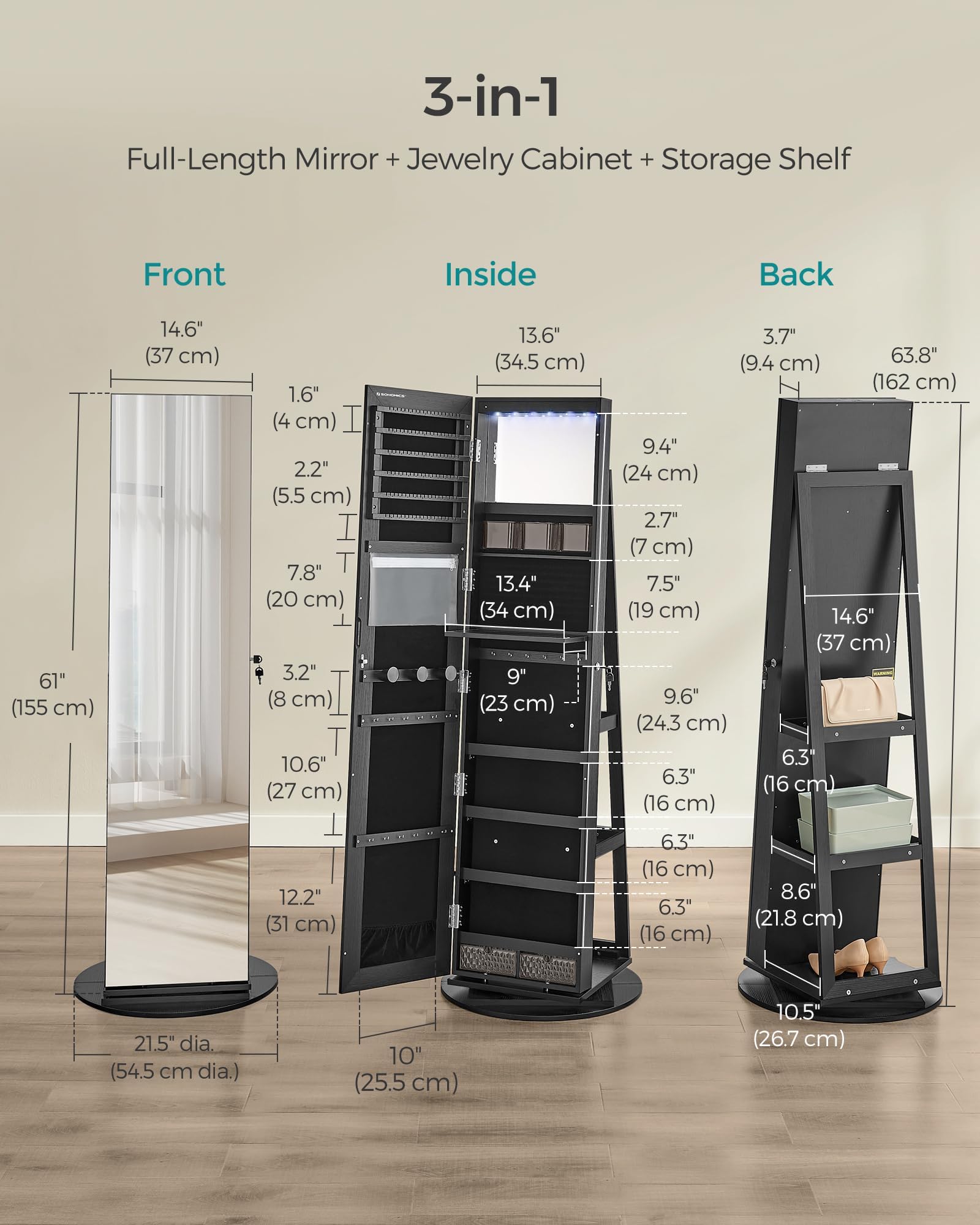 SONGMICS 6-LED Lockable Jewelry Cabinet with Full-Length Mirror - 360° Swivel Jewelry Organizer with 3 Storage Shelves, Black Finish - Perfect for Bedroom, Walk-in Closet & Dressing Room Organization