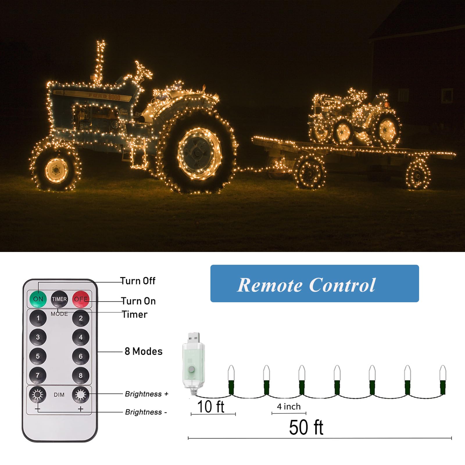 Solhice 40ft Christmas Lights with Remote Control - 120 LED Warm White USB String Lights for Indoor/Outdoor Decor | Perfect for Xmas Tree, Bedroom, Car, and Holiday Decoration