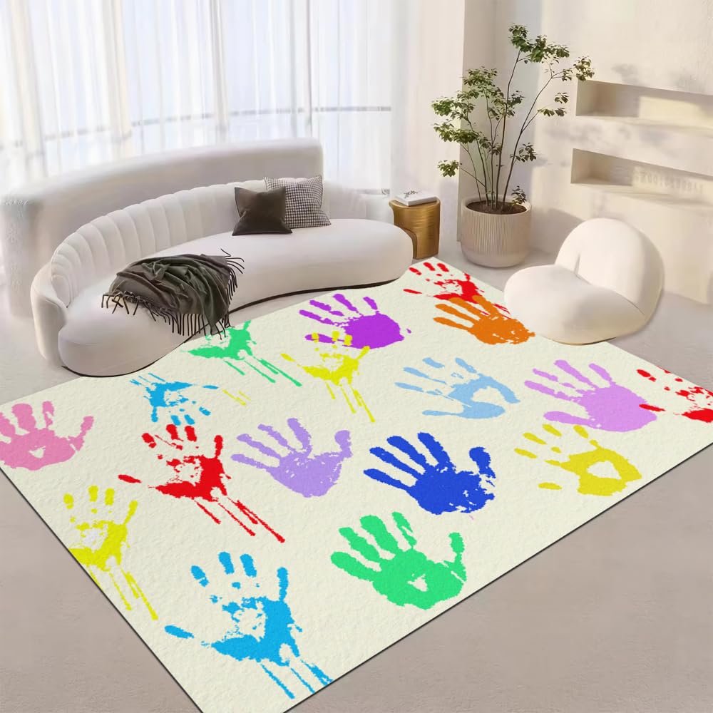 Handprints Kids Rug - Colorful 6'x9' Washable Non-Slip Playmat for Nursery, Playroom & Classroom | Safe Play Area Rug for Toddlers & Children | Perfect for Daycare, Bedroom Decor & Learning Spaces