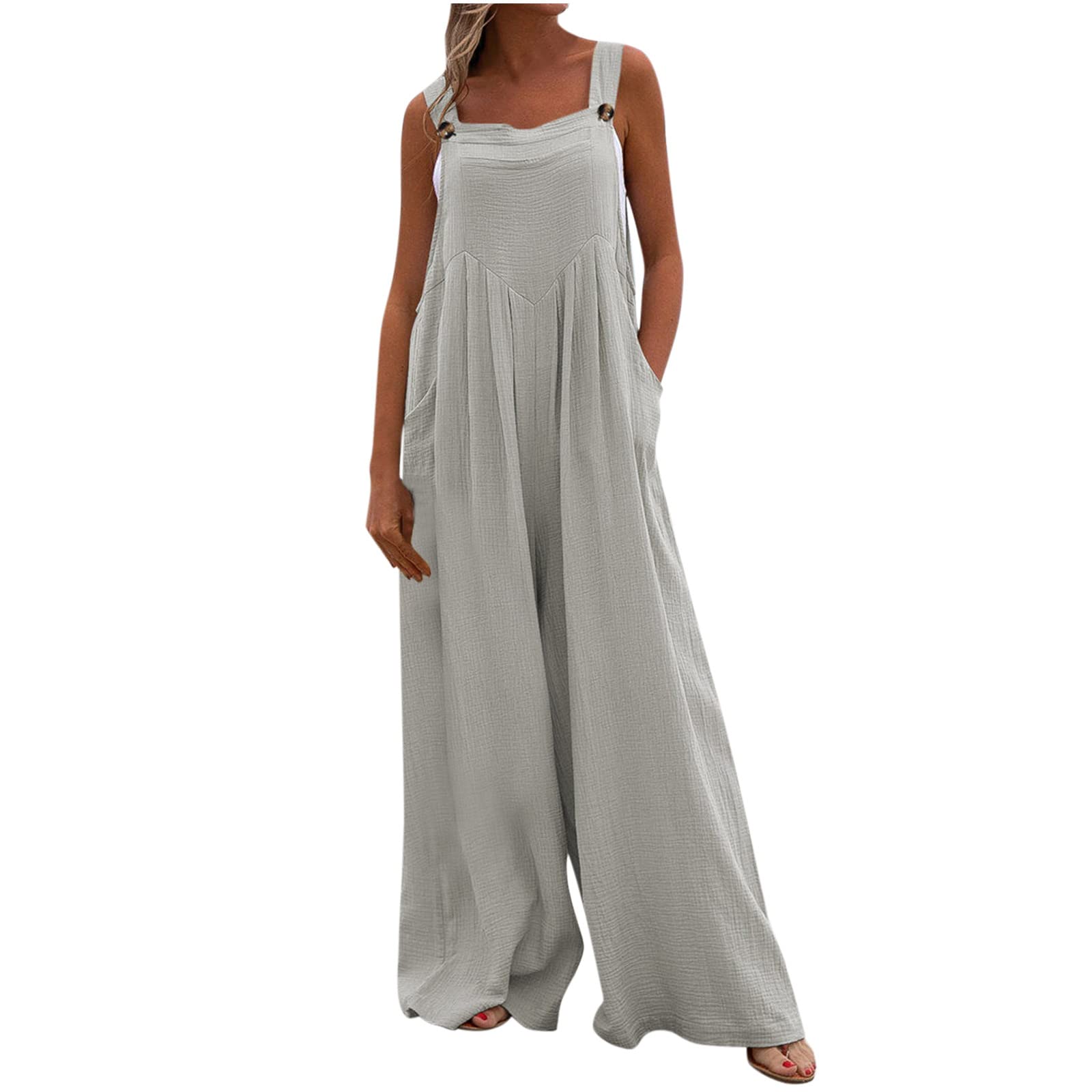 YUNAFFT Women's Casual Cold Shoulder Jumpsuit - Solid Color Button Front Suspender Romper with Wide Leg Pants & Pockets | Perfect for Summer Outfits, Beach Vacations & Date Nights