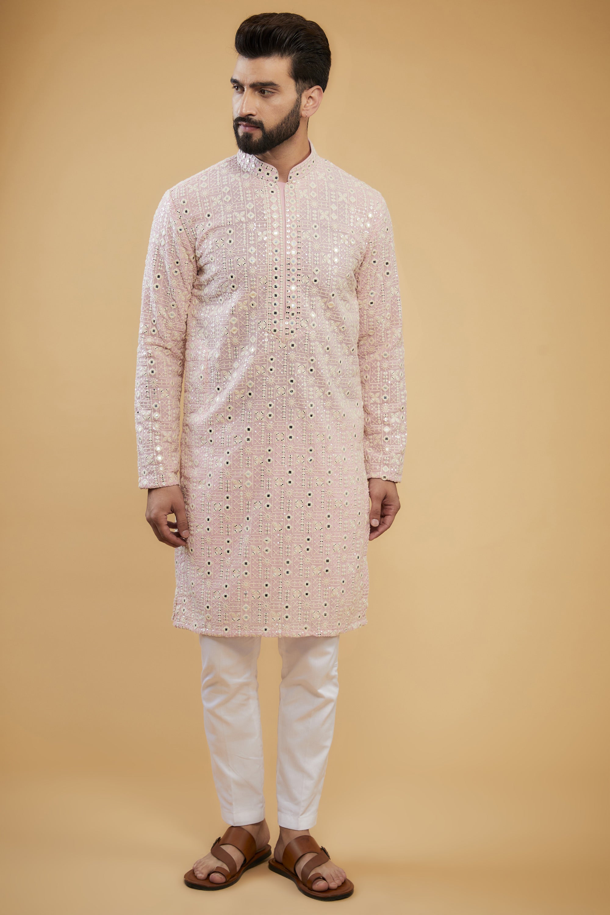 Elegant Pink Mirror Work Kurta with Intricate Neckline - Perfect for Festivals, Weddings & Ethnic Parties