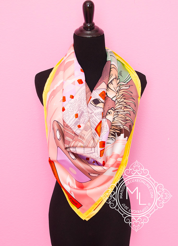 Authentic Hermès Pink Jaune Twill Silk 90cm Scarf - Space Shopping au Faubourg Design | Luxury Fashion Accessory for Women, Perfect for Gifts & Special Occasions