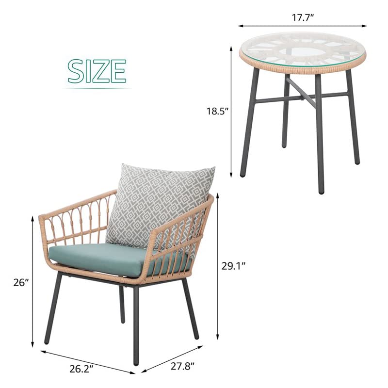 Wood-it 3-Piece Patio Furniture Set - Outdoor Bistro Conversation Set with Tempered Glass Coffee Table & Wicker Chairs - Perfect for Garden, Balcony, Backyard, Poolside & Patio (Green) - Ideal for Relaxing, Entertaining & Outdoor Dining