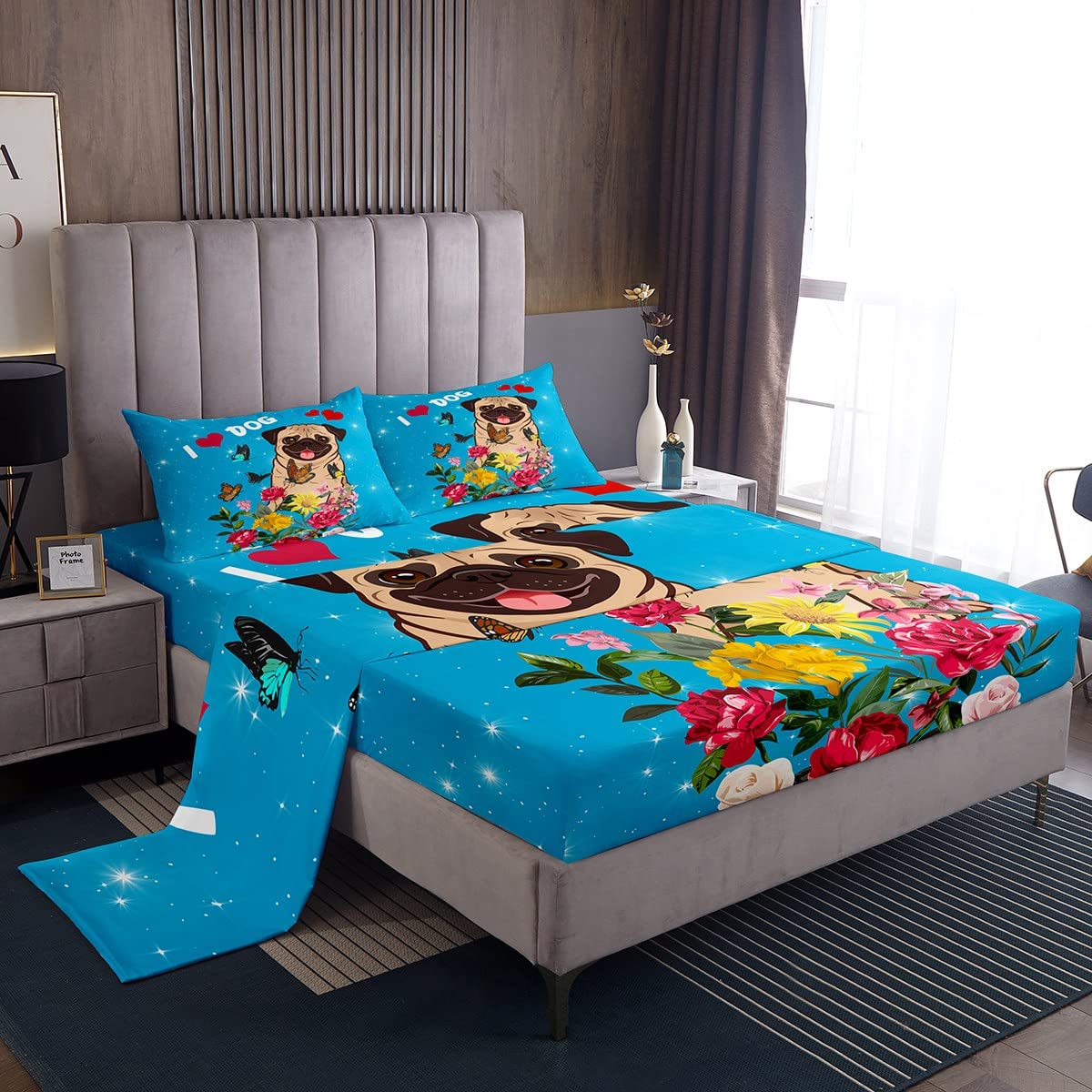 Cute Pug Sheet Set 4Pcs - Full Size Puppy Dog Bed Sheets with Butterfly Rose Floral & Galaxy Stars Design, Red Heart & Blue Animal Print Fitted Sheet - Soft & Cozy Home Decor for Bedroom, Dorm, Kids Room