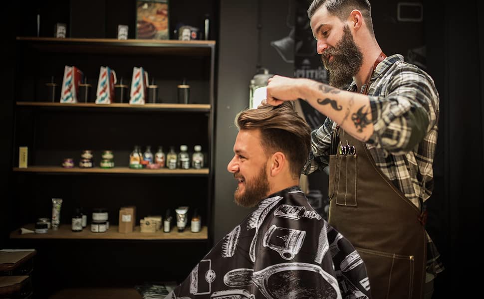 OSEN Professional Waterproof Barber Apron for Men - Black Polyester Hair Cutting Cape with Print - Perfect for Salons, Barbershops & Home Haircuts