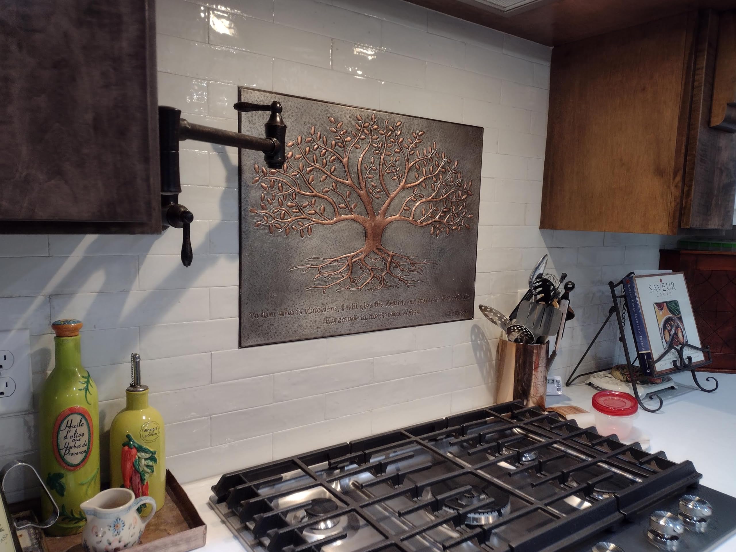 Handmade Copper Kitchen Backsplash Tiles - Tree of Life Design with Roots, Custom Stove Splashback Panel for Indoor & Outdoor Wall Decor (Gray & Copper) | Perfect for Farmhouse, Rustic, and Modern Kitchen Renovations