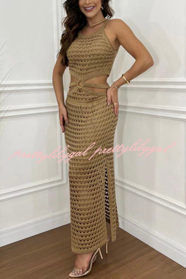 Elegant Knit Texture Ring Side Waist Cutout Stretch Maxi Dress for Women - Perfect for Date Night, Cocktail Parties & Summer Vacations
