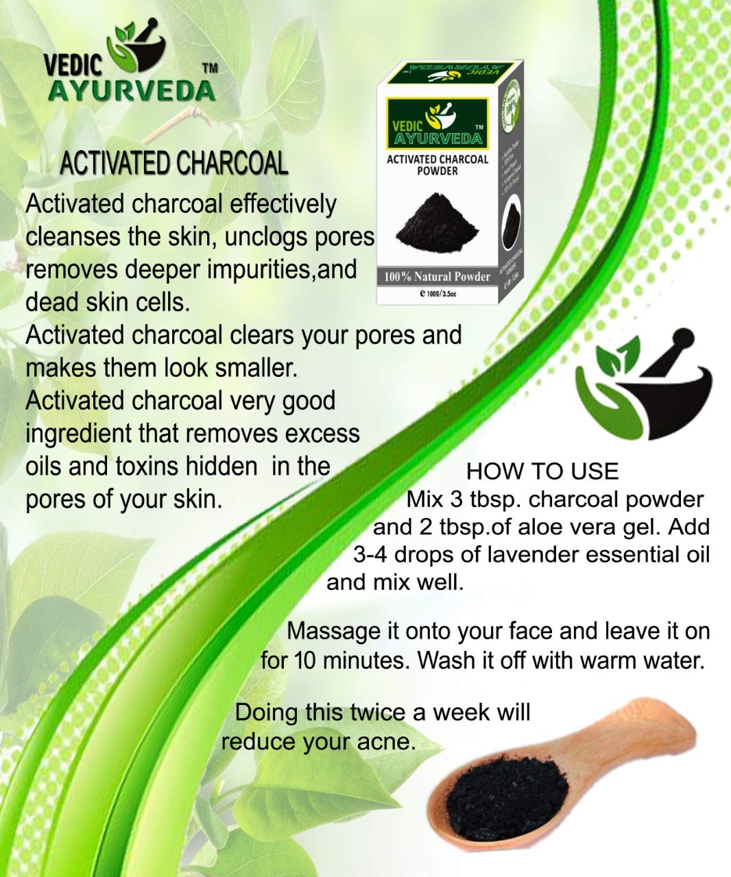VEDICAYURVEDA 100% Pure Organic Activated Charcoal Powder (100g) - Natural Skin Detox, Blackhead Remover & Dead Skin Exfoliator | Ideal for Facial Cleansing, Body Scrub & DIY Beauty Treatments