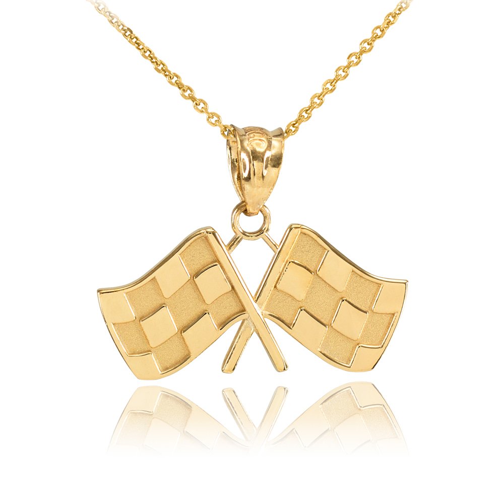 10K Yellow Gold Racing Flag Pendant Necklace for Motorsport Fans