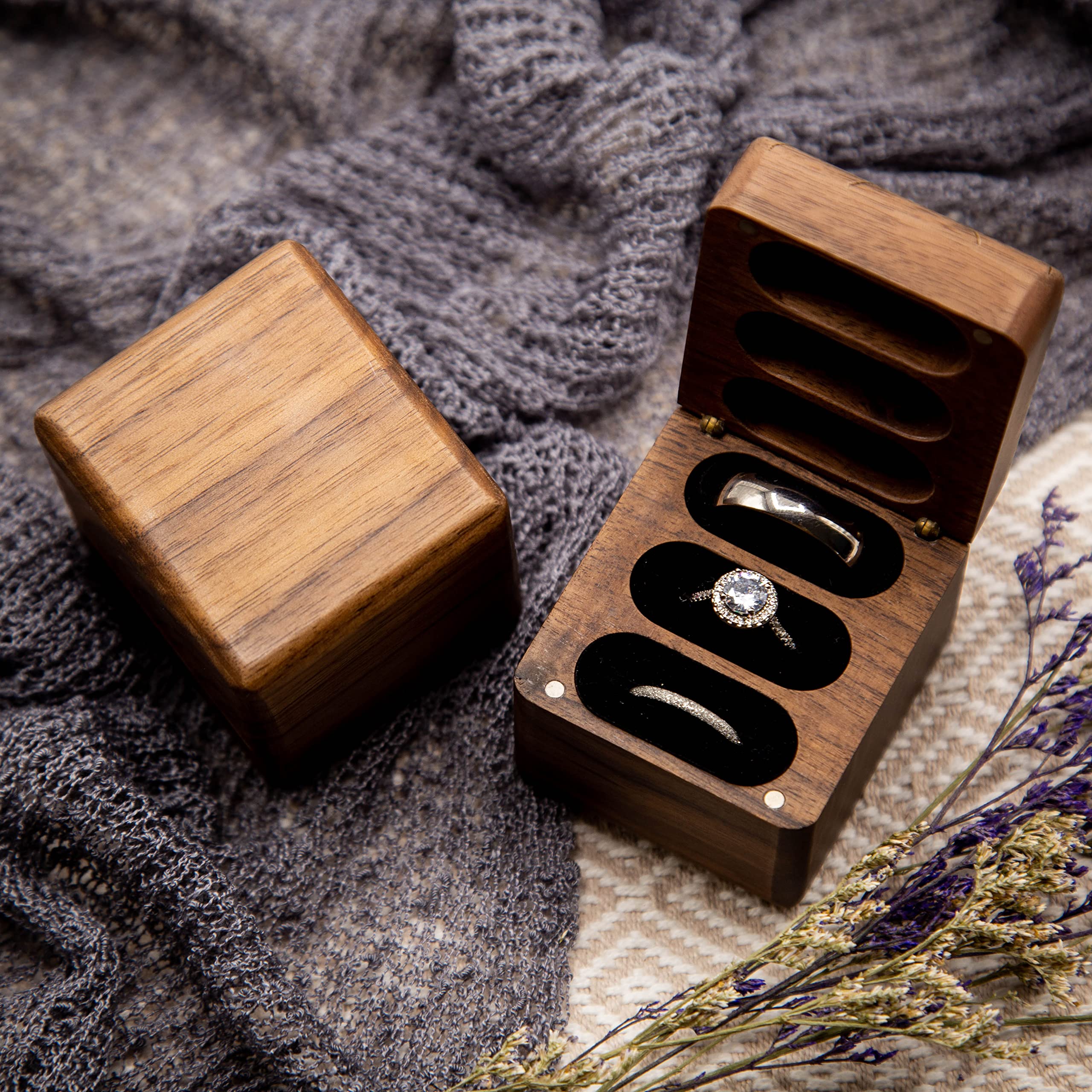 MUUJEE Wooden Triple Slot Ring Box - Wedding Ceremony Ring Bearer Box, Anniversary Birthday Gift for Couples - Engraved Wooden Ring Holder for Engagement, Promise & Wedding Rings - Perfect for Proposals, Vow Renewals & Bridal Showers