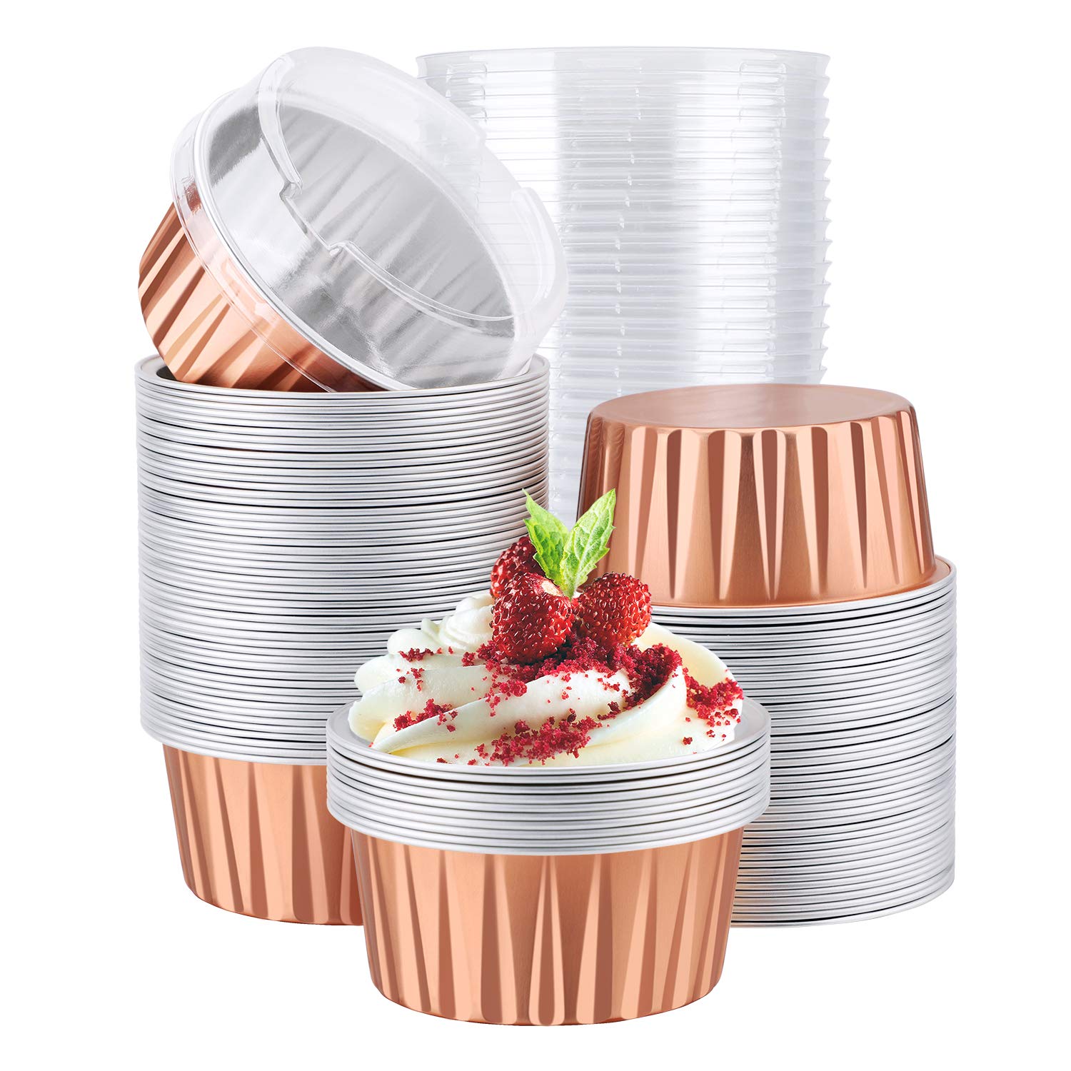 EUSOAR 100-Pack 5oz (125ml) Disposable Aluminum Foil Baking Cups with Lids - Muffin Liners, Cupcake Holders & Creme Brulee Ramekins for Perfect Baking, Party Desserts & Meal Prep