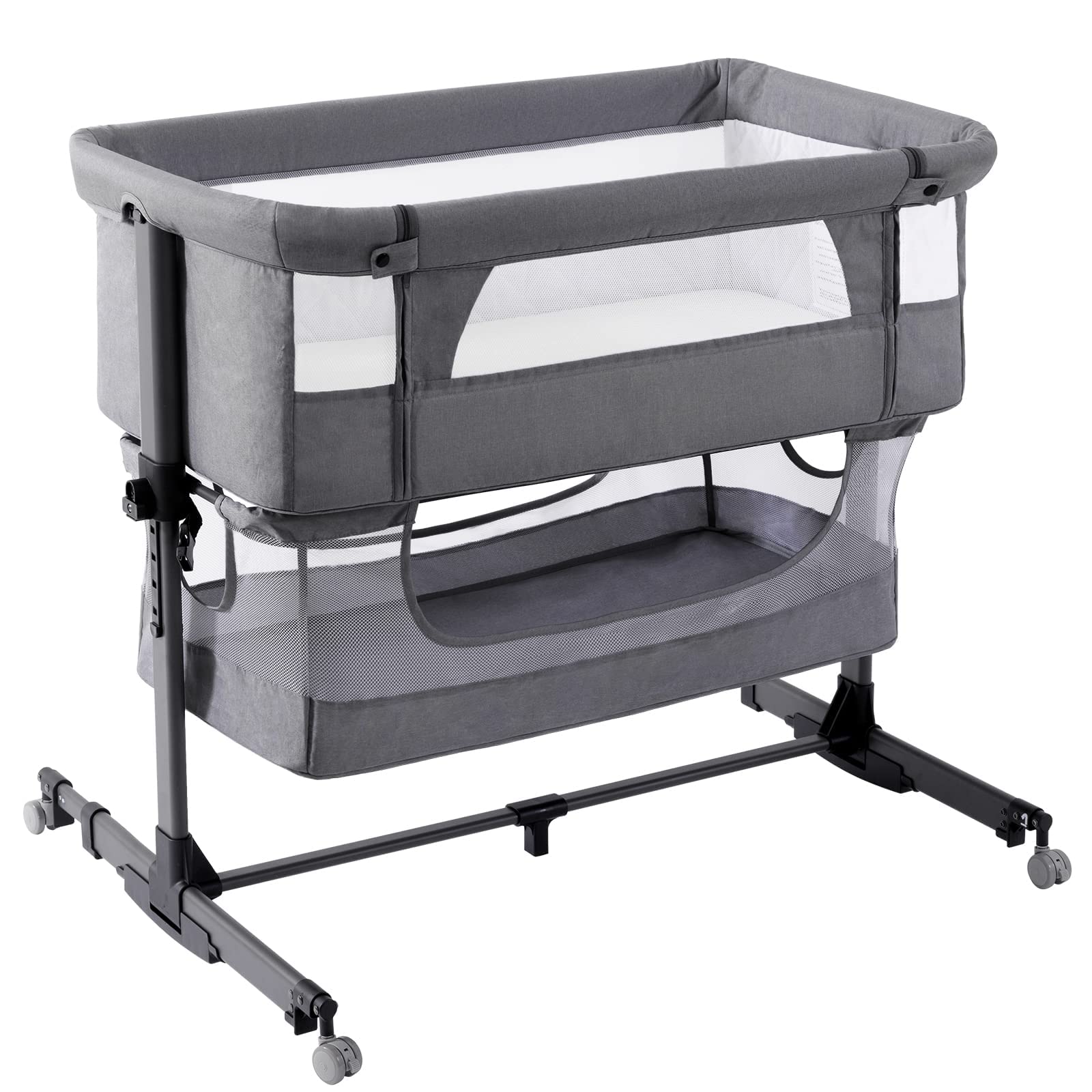 Nordmiex 3-in-1 Convertible Baby Crib - Adjustable Portable Bassinet & Bedside Sleeper for Newborns & Infants, Deep Grey - Perfect for Nursery, Bedroom & Travel Use